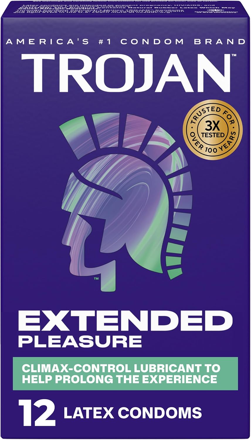 Trojan Extended Pleasure Lubricated Latex Condoms for Men, 12 Count | Climax-Control Lubricant with Benzocaine, Premium Latex, Help Reduce Risk of Pregnancy, Help Reduce Risk of STIs