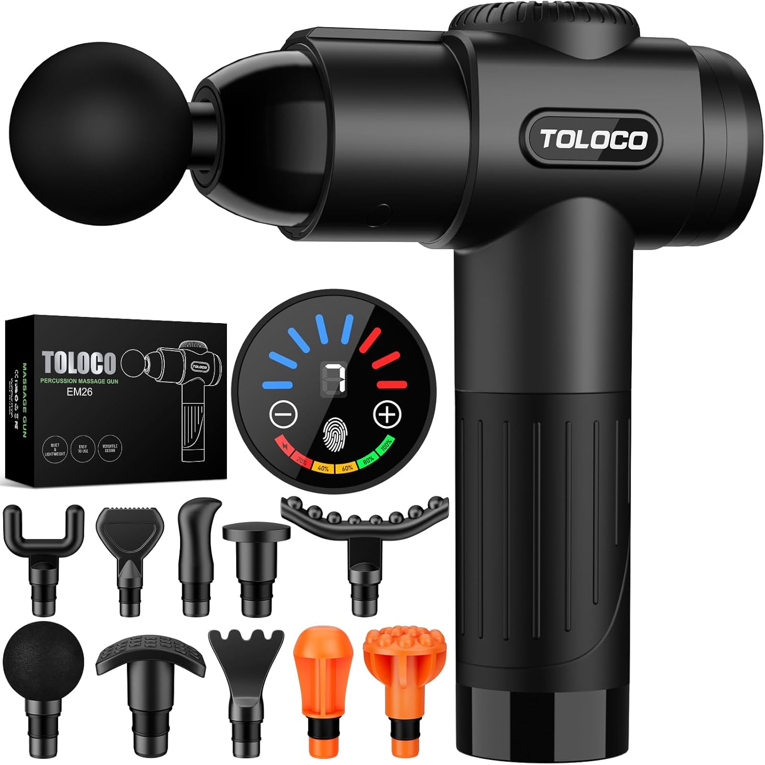 TOLOCO Massage Gun, Deep Tissue Back Massage for Athletes for Pain Relief, Percussion Massager with 10 Massages Heads & Silent Brushless Motor, Relaxation Gifts for Men Women, Black
