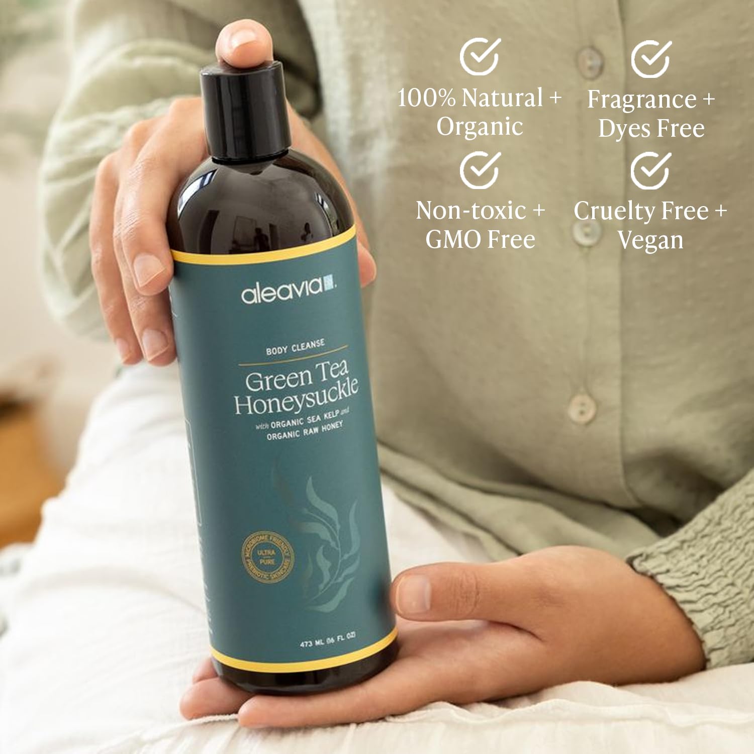 Aleavia Body Cleanse – Organic & All-Natural Prebiotic Body Wash with Raw Honey – Green Tea Honeysuckle Scent – 16 Oz. - Image 3