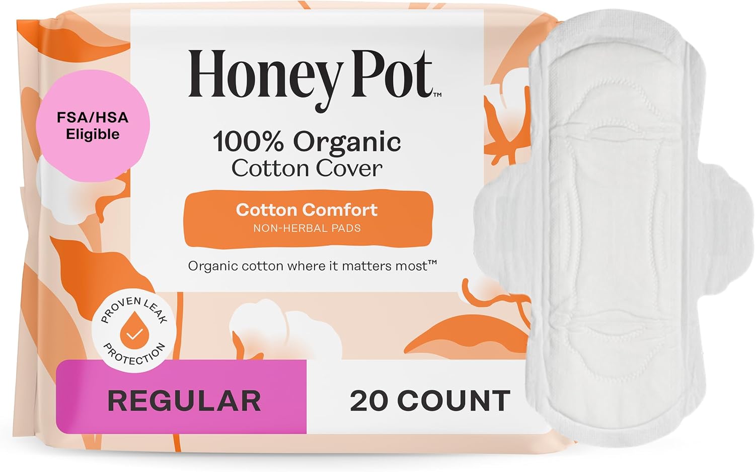The Honey Pot Company - Cotton Comfort - Regular Pads for Women | Non-Herbal - Organic Cotton Cover - Menstrual Pads w/Wings - No Fragrance, Ultra-Absorbent Pulp Core - Feminine Care - 20ct