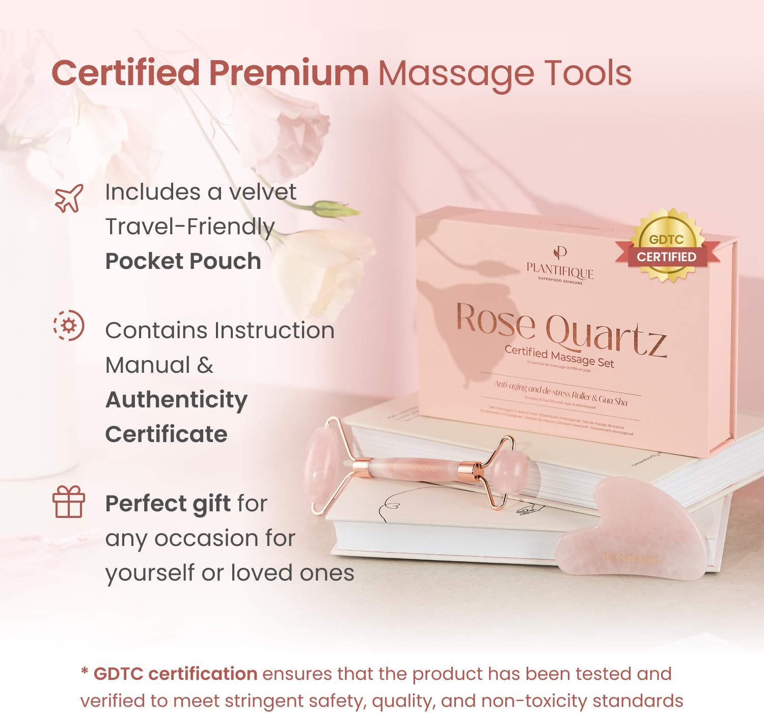 PLANTIFIQUE Rose Quartz Gua Sha & Face Roller Set, Certified Face Massager | Guasha Facial Tool & Roller for Lymphatic Drainage & Face Sculpting - Reduce Puffiness & Relieve Tension - Skin Care Gifts - Image 6