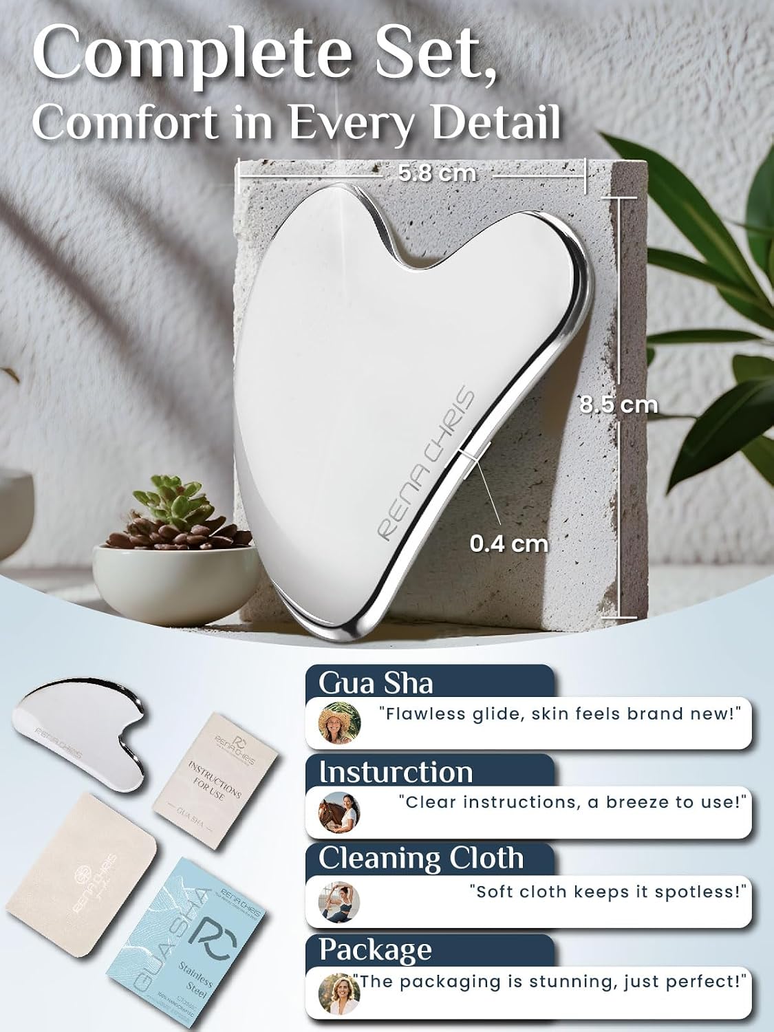Rena Chris Gua Sha Facial Tools, Stainless Steel Guasha Tool - Silver | Face Massage Tool for Jawline Sculpting, Puffiness Reducing, Gua Sha Double Chin Reducer, Skin Care Gift for Women - Image 2