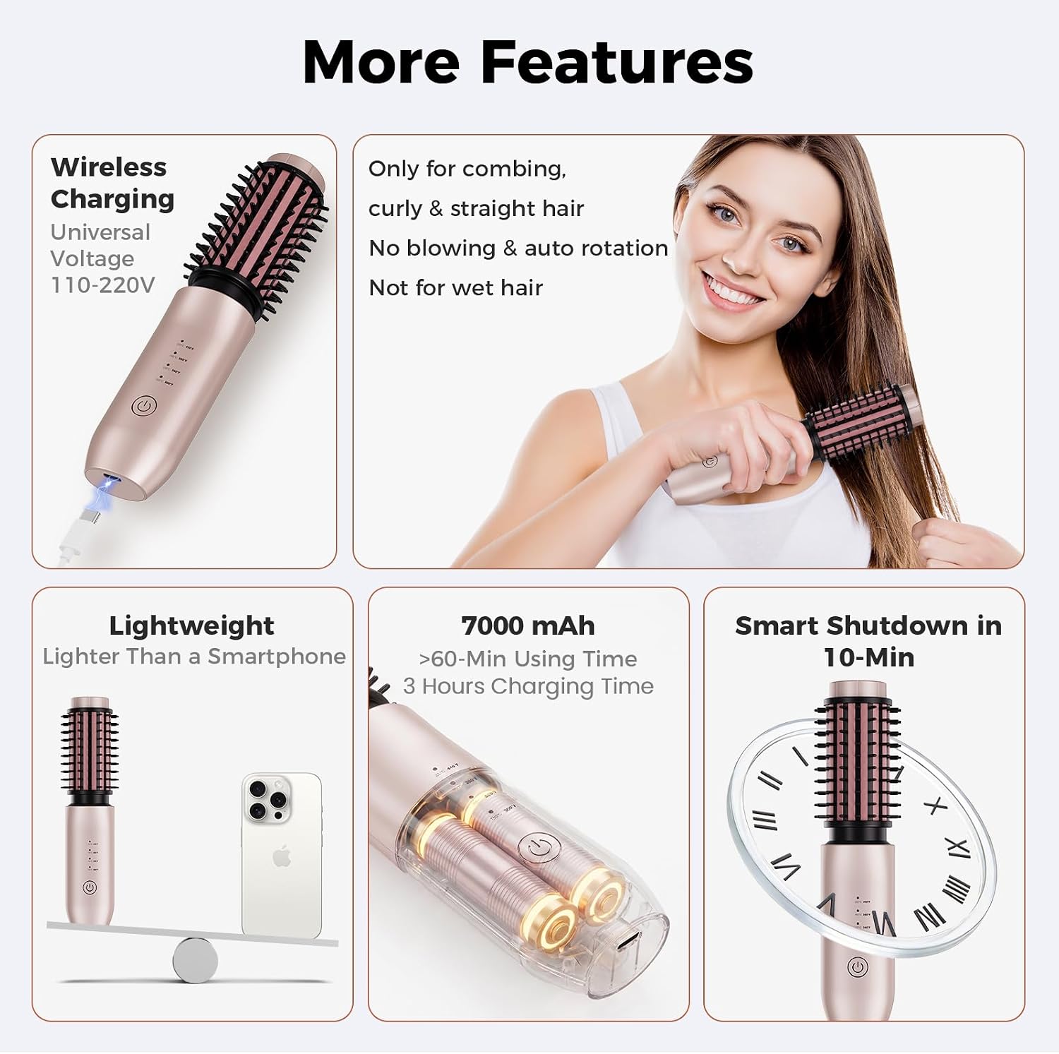 CARESKY® Cordless Curling Iron Brush, Rechargeable Battery Curling Iron with 200 Million Negative Ions, Portable Travel Curling Iron Brush, Cordless Heated Round Hair Curler Brush for Styles,Touch-Up - Image 6