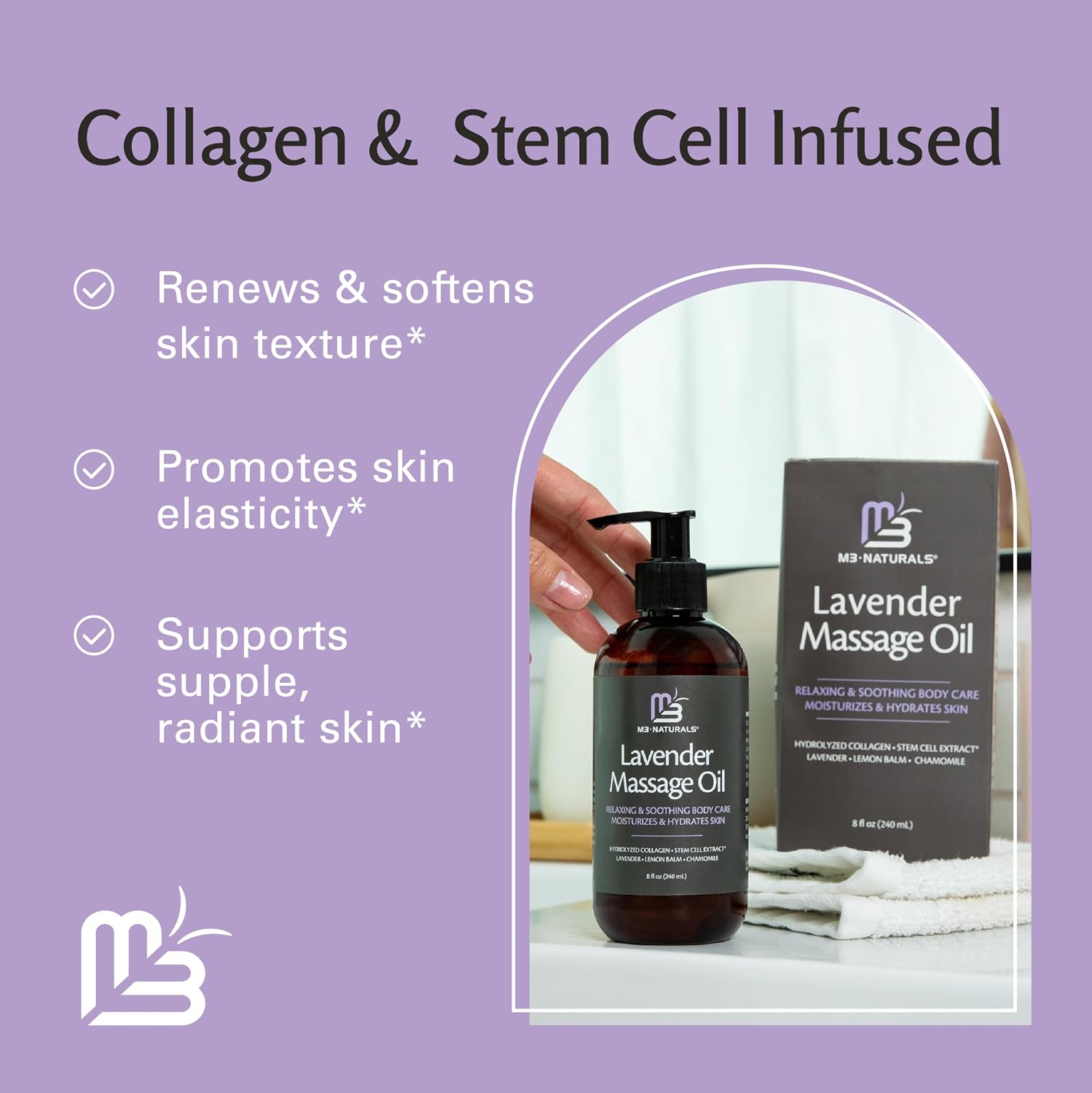 Lavender Sensual Massage Oil with Collagen and Stem Cells, 8 fl oz by M3 | Fast-Absorbing Massage Oil with Lemon Balm & Chamomile, Relaxing & Soothing Body Care, Moisturizes & Hydrates Dry Skin - Image 9
