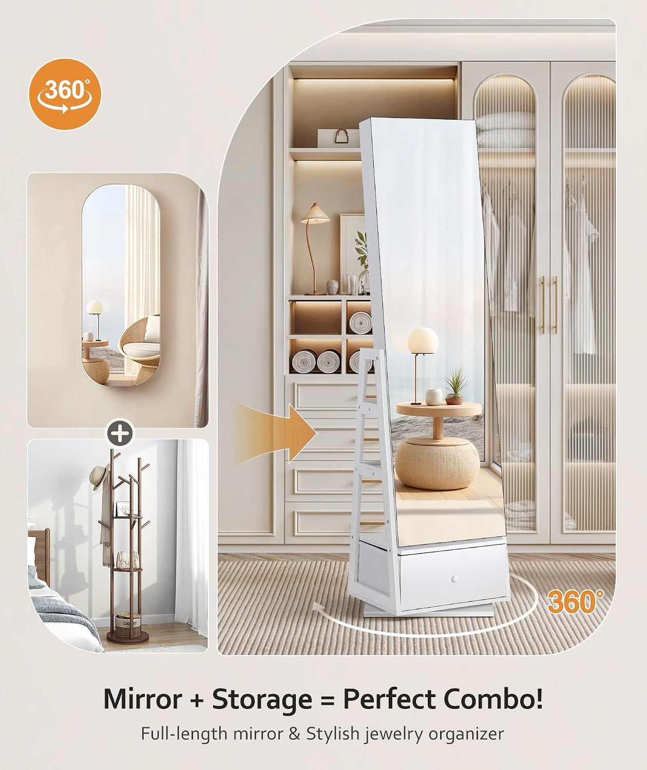 360° Swivel Jewelry Cabinet, Full Length Mirror, Lockable | Rotatable Jewelry Armoire Organizer, Standing Mirror with Storage, 3 Rear Shelves + Bottom Drawer, Gift Idea, Pure White - Image 4