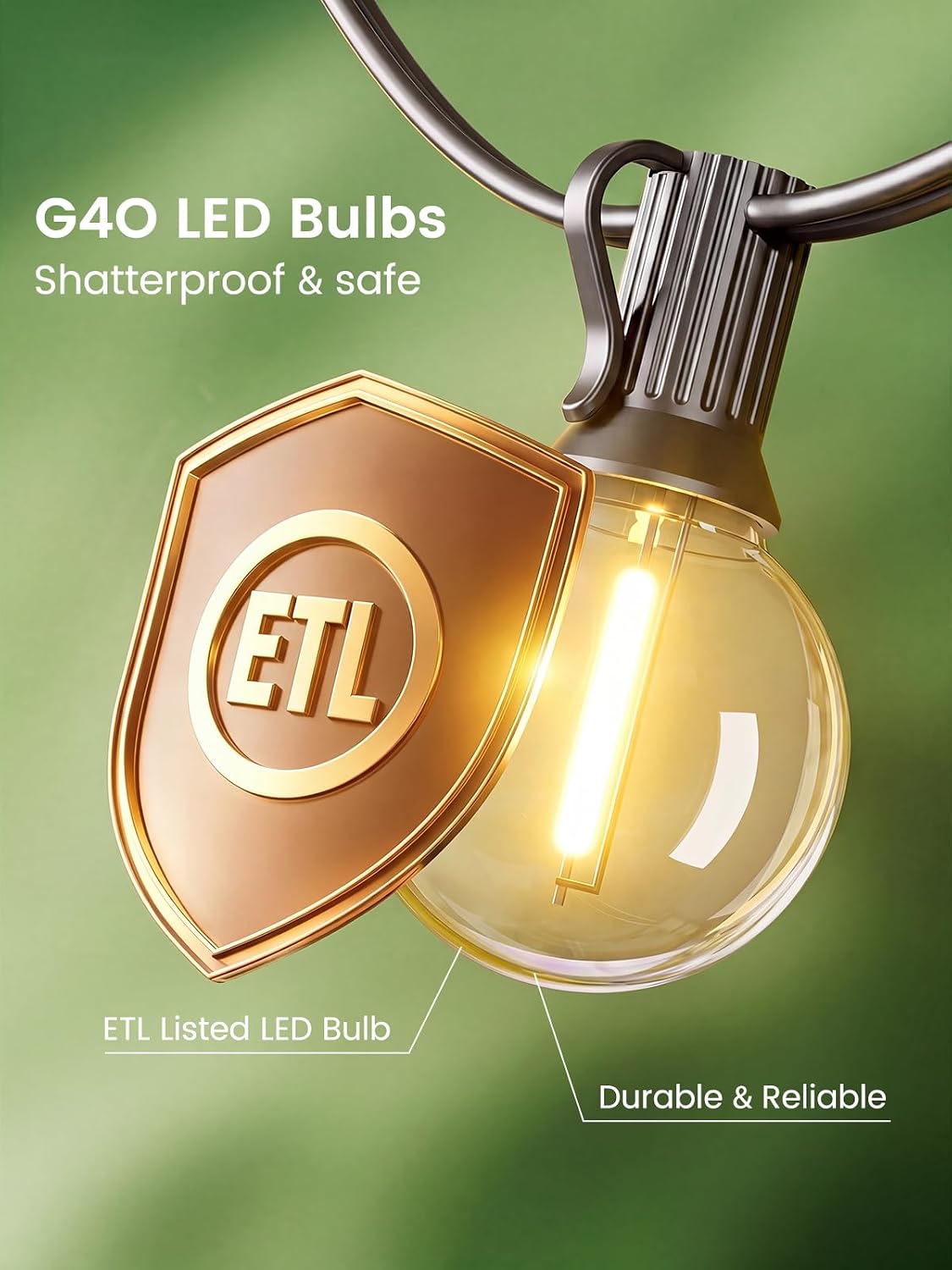 LACHON Outdoor String Lights Waterproof 50 FT with 25 G40 IP65 Bulbs | Dimmable,Connectable,Shatterproof,2700K Warm White,Perfect For Any Outdoor Space,Patio,Backyard,Cafe,Bistro,Porch,Market - Image 3