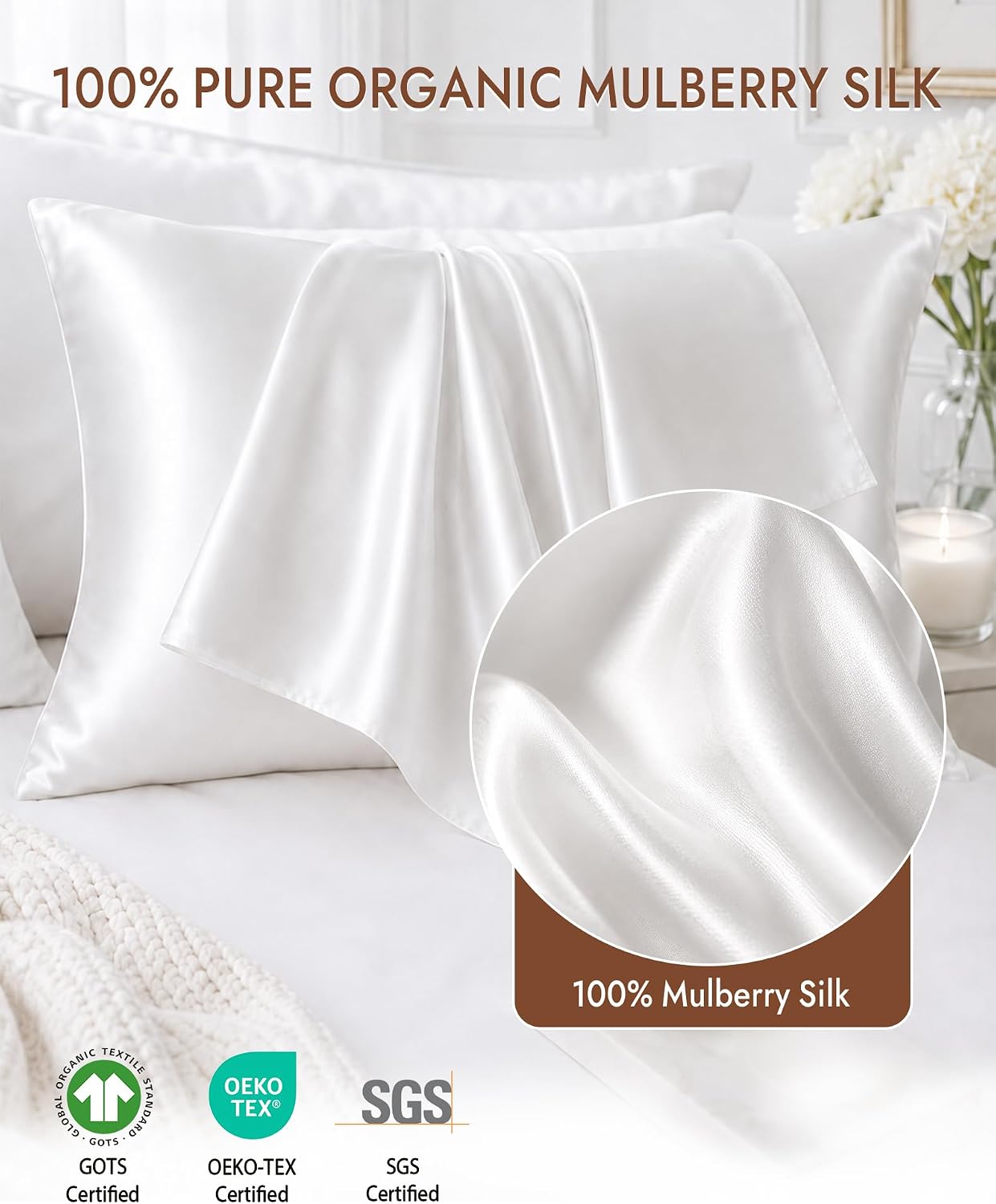 100% Organic Mulberry Silk Pillow Cases for Hair & Skin Standard | Both Sides Grade 6A Silk, Breathable & Cooling, Hidden Zipper, Gift for Women & Men (Standard 20''x26'', White) - Image 2