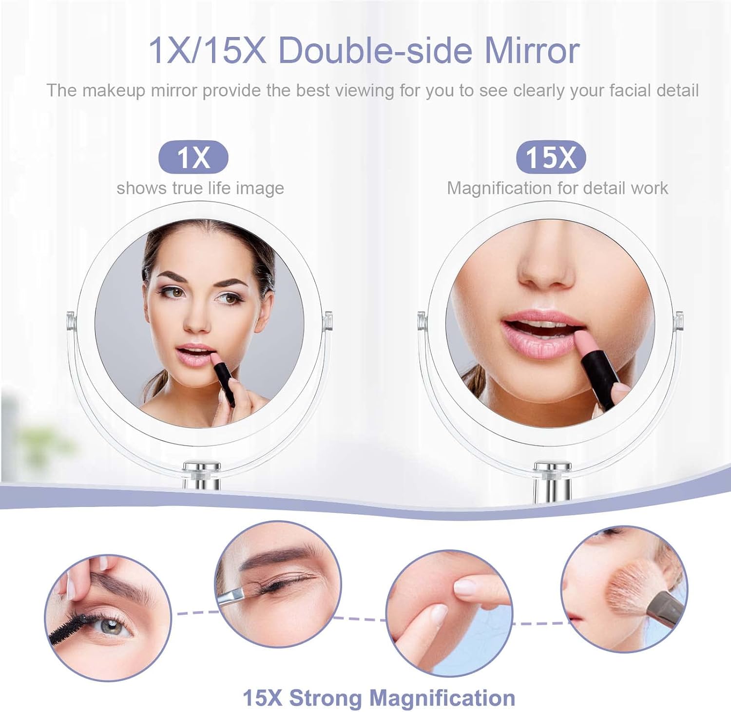 CLSEVXY Vanity Makeup Mirror with Stand, 1X/15X Magnification Double Sided 360 Degree Swivel, Portable Table Desk Counter top Magnifying Mirror, Tabletop Mirror for Bedroom or Dorm Room, 6.25 Inch - Image 2