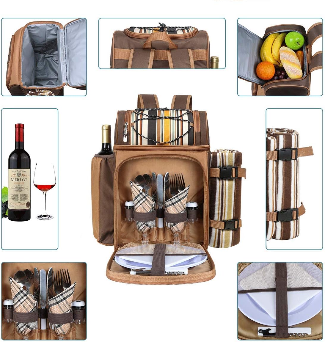 Hap Tim Picnic Basket Backpack for 2 Person with 2 Insulated Cooler Compartment, Wine Holder, Fleece Blanket, Cutlery Set, Wedding Gifts for Couples, Bridal Shower Gifts, Engagement Gifts - Image 2