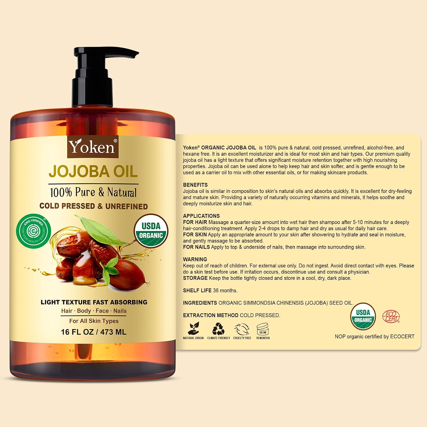 Yoken Organic Jojoba Oil 16oz, USDA Certified Cold Pressed for Skin Care | Cold Pressed Body Oil Women After Shower Unscented Carrier Massage Moisturizer Hydrating Nourishing Essential Mixing - Image 7
