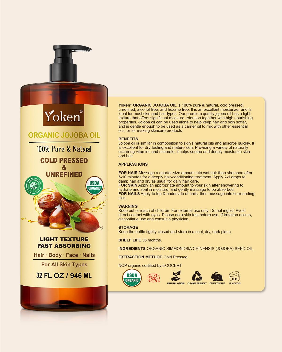 Yoken 32 fl oz (EWG Verified) 100% Pure Jojoba Carrier Oil - Unrefined, Hexane-Free, Cold Pressed for Skin, Face, Hair, Nails, and Massage | Body Oil For Women After Shower Unscented Carrier Massage Moisturizer Hydrating Nourishing Essential Oil Mixing - Image 7