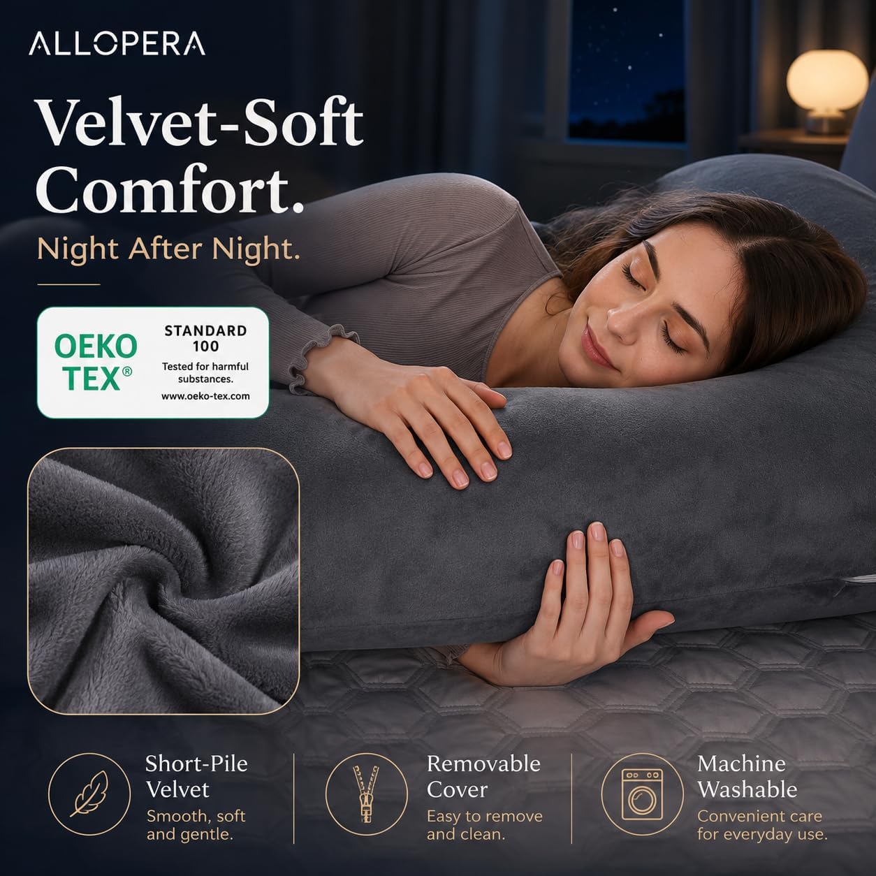 ALLOPERA U Shape Pregnancy Pillow - Full Body Maternity Pillow for Sleeping | Side Sleeper Support for Back, Belly, Hip & Leg, Pregnant Women, Removable & Washable Cover, Adjustable Fill, 57 Inch, Velvet - Image 3