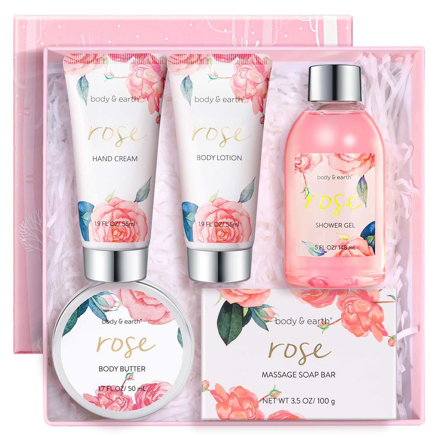 BODY & EARTH Spa Gift Set for Women - Luxurious 5 Pcs Bath and Body Box, Rose Scent, Includes Body Wash, Body Butter, Body Lotion and More, Birthday Christmas Gifts for Mom Self Care Kit for Her - Image 8