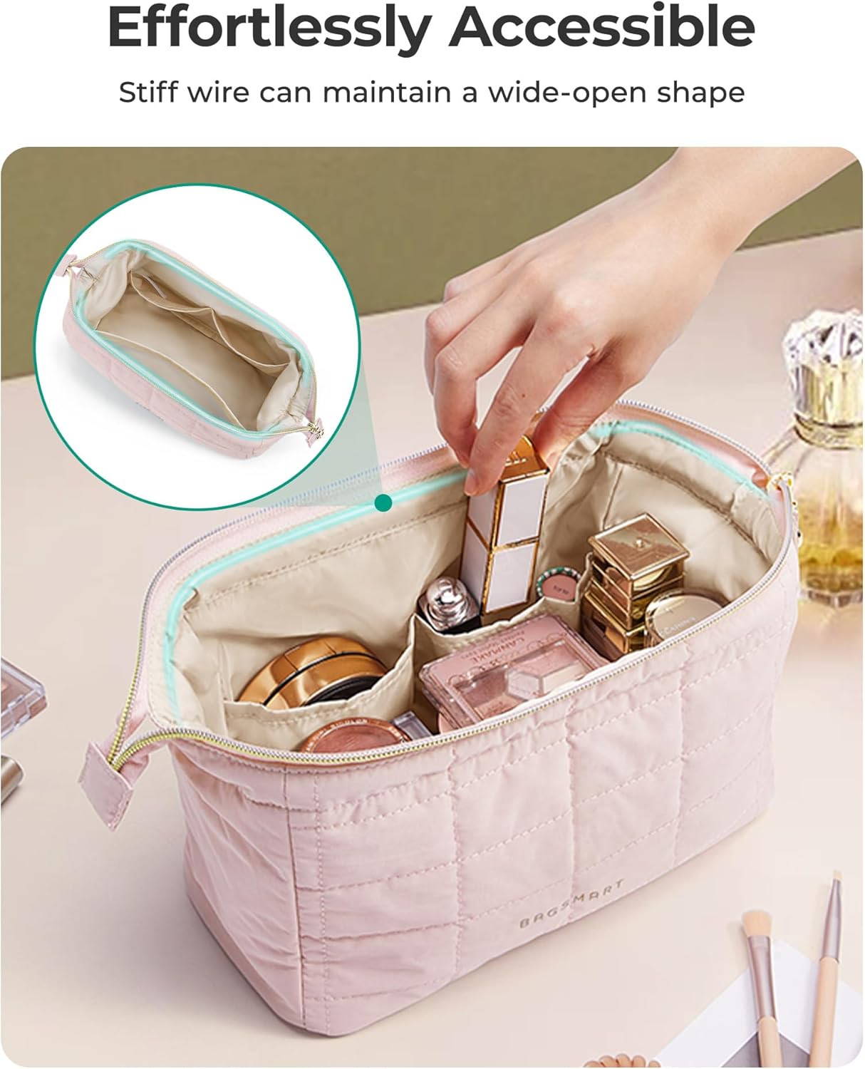 BAGSMART Makeup Bag Travel Toiletry Bag, Wide-open Zipper Pouch, Pink | Puffy Padded, Travel Essentials, Make Up Bag, For Women, Makeup Organizer, Toiletries Accessories Brushes - Image 5