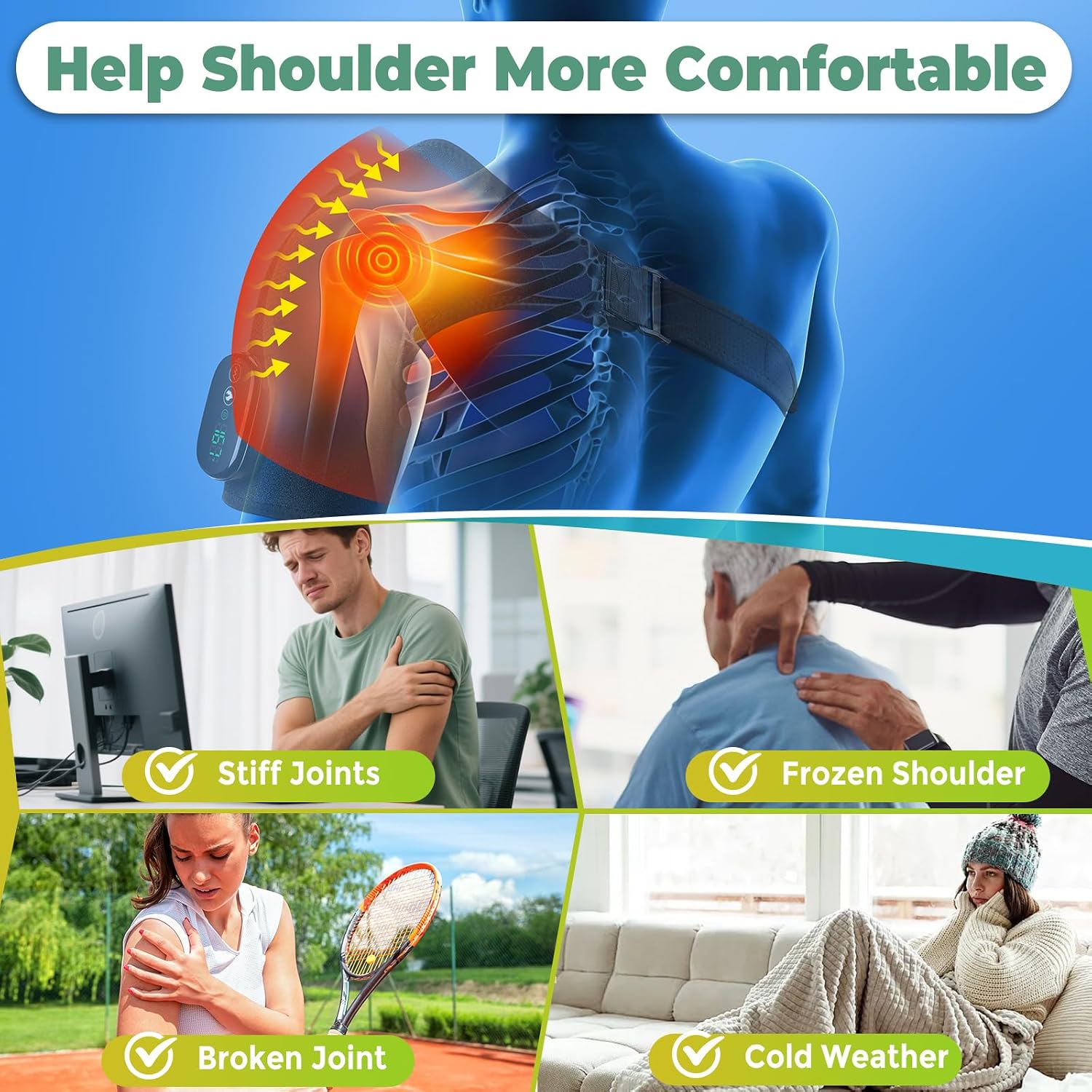 Cordless Shoulder Heating Pad, FSA Eligible Heated Shoulder Massager | 3 Vibration and Heating Modes, Breathable Fabric, HD Display, 5000mAh Battery, Adjustable Size, for Rotator Cuff - Image 2