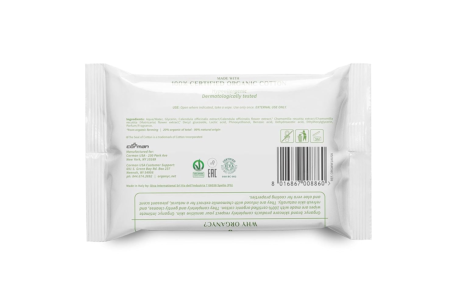 Organyc - Made with Organic Cotton Intimate Wet Wipes For Sensitive Skin, pH Balanced, No Parabens, Alcohol, or Chlorine, 20 Count (Pack of 1) - Image 2