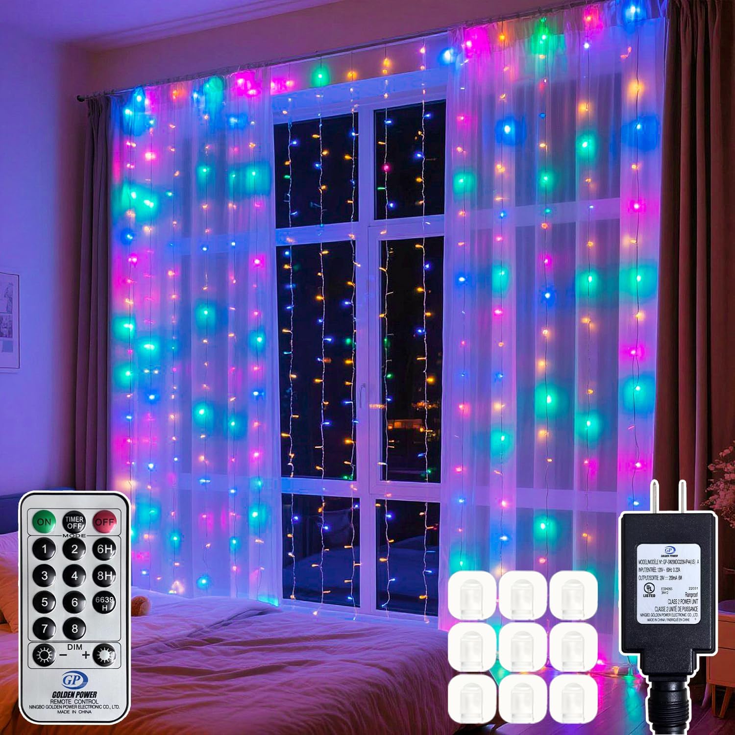 200 LED Multicolor Rainbow Curtain String Lights 9.8x6.6FT, Plug in Fairy Lights with 9 Hooks, Dimmable, Timer 8 Modes, IP44 Waterproof, Bedroom Party Wedding Christmas Indoor Outdoor Decor