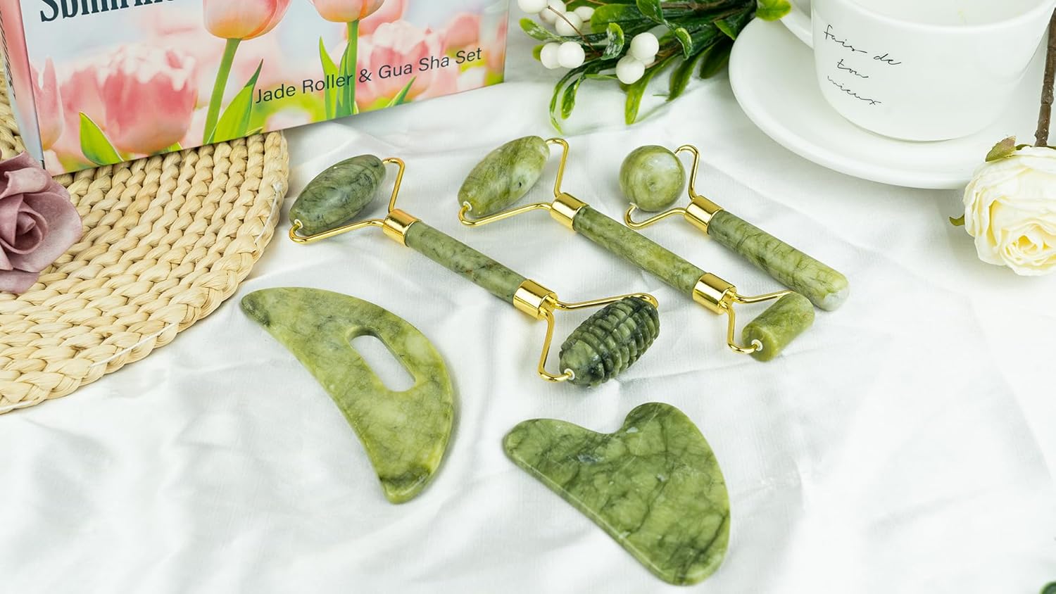 Cooling Natural Jade Face Roller & Gua Sha Tool | 5-in-1 Skincare Kit for Depuffing & Jawline Sculpting, Self Care Beauty Gifts for Women - Image 6