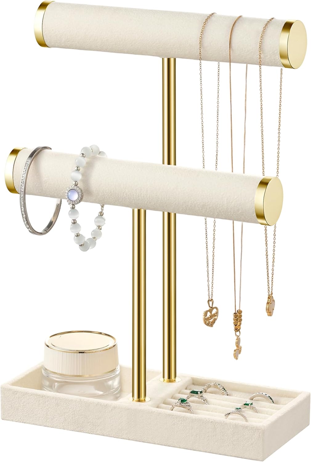 bussdis 2 Tier Bracelet Holder Display, Necklace Holder Organizer, Beige | Velvet Necklace Holder | Jewelry Tree | Jewelry Towers | Jewelry Stand Organizer for Necklaces, Bracelets, Earrings, Rings