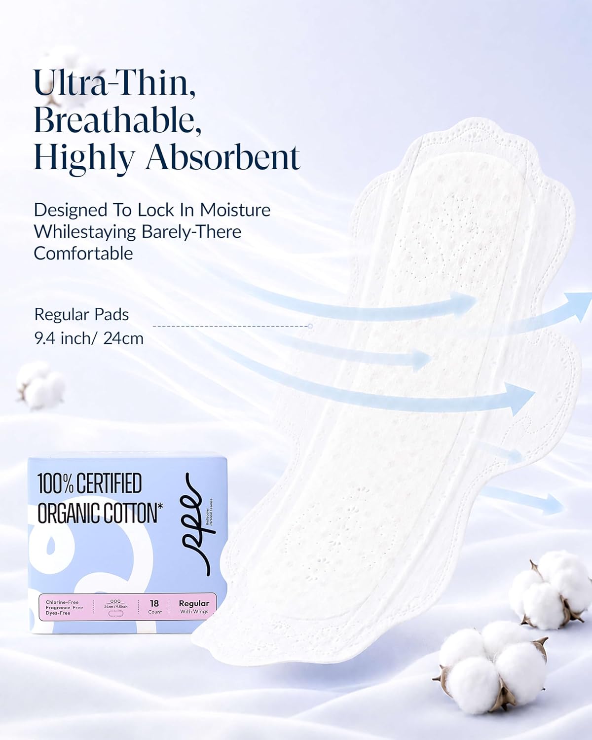 RPE Life 100% GOTS Organic Cotton Menstrual Pads with Wings, 54 Count | Bulk pack menstrual pads with wings breathable ultra thin comfort and reliable leak protection for sensitive skin - Image 3
