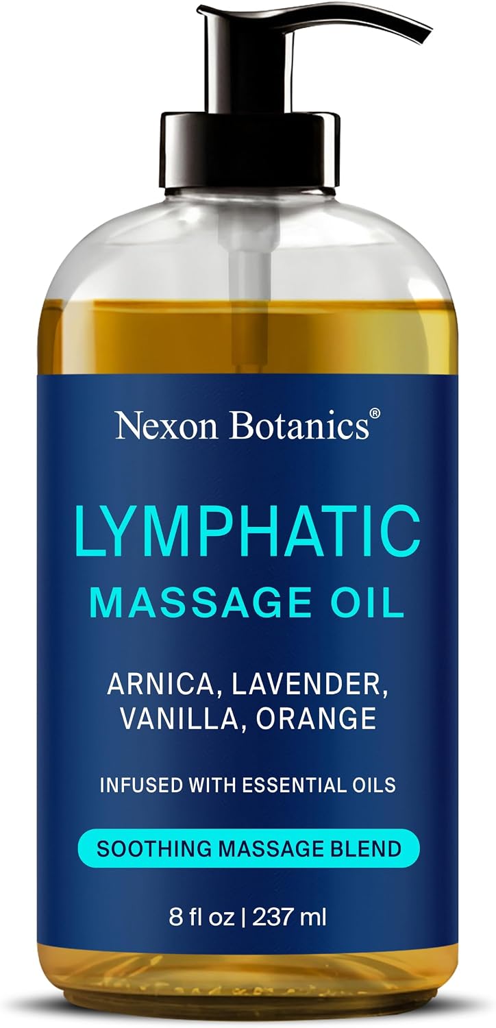 Lymphatic Massage Oil for Massage Therapy & Gua Sha with Arnica 8 fl oz | Lightweight, Non-Greasy, and Fast-Absorbing Blend - Floral Scent of Lavender, Orange & Vanilla - Nexon Botanics