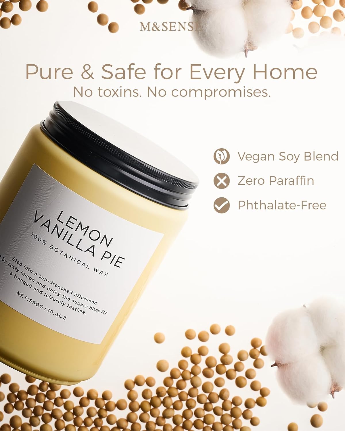 M&SENSE Lemon Vanilla Home Scented Candles, 19.4oz Natural Soy Wax, 110H | Large Long Lasting, Organic Non Toxic, Citrus Scent for Relaxation Odor Eliminating, Housewarming Fragrance for Men Women - Image 5