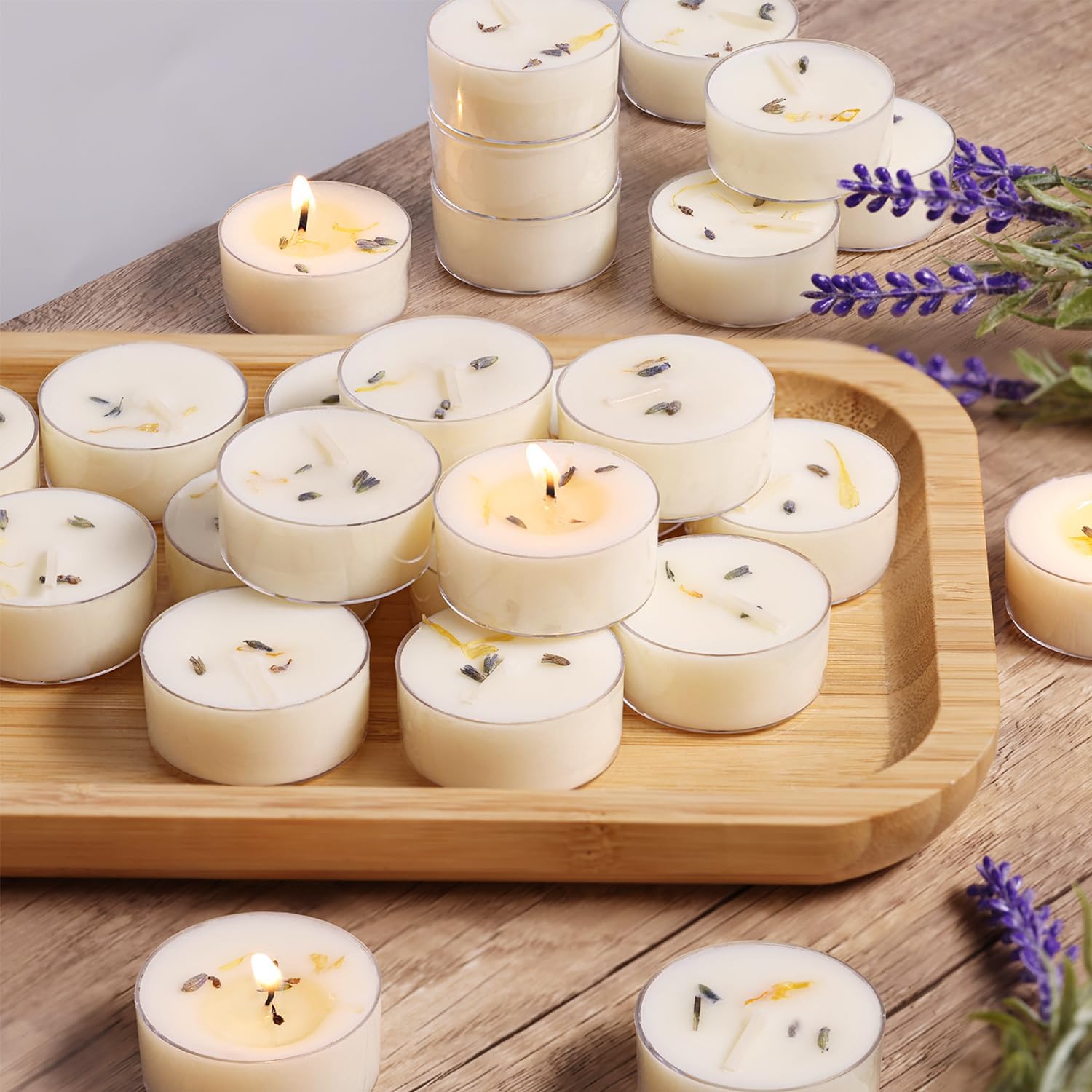 Lavender Scented Tealight Candles, 48 Pack- Extended 4-5h Clear Cup Scented Tea Lights with Handmade Floral Surface, 100% Natural Palm Wax Tealights Smokeless for Relax Sleeping, Yoga, Meditation