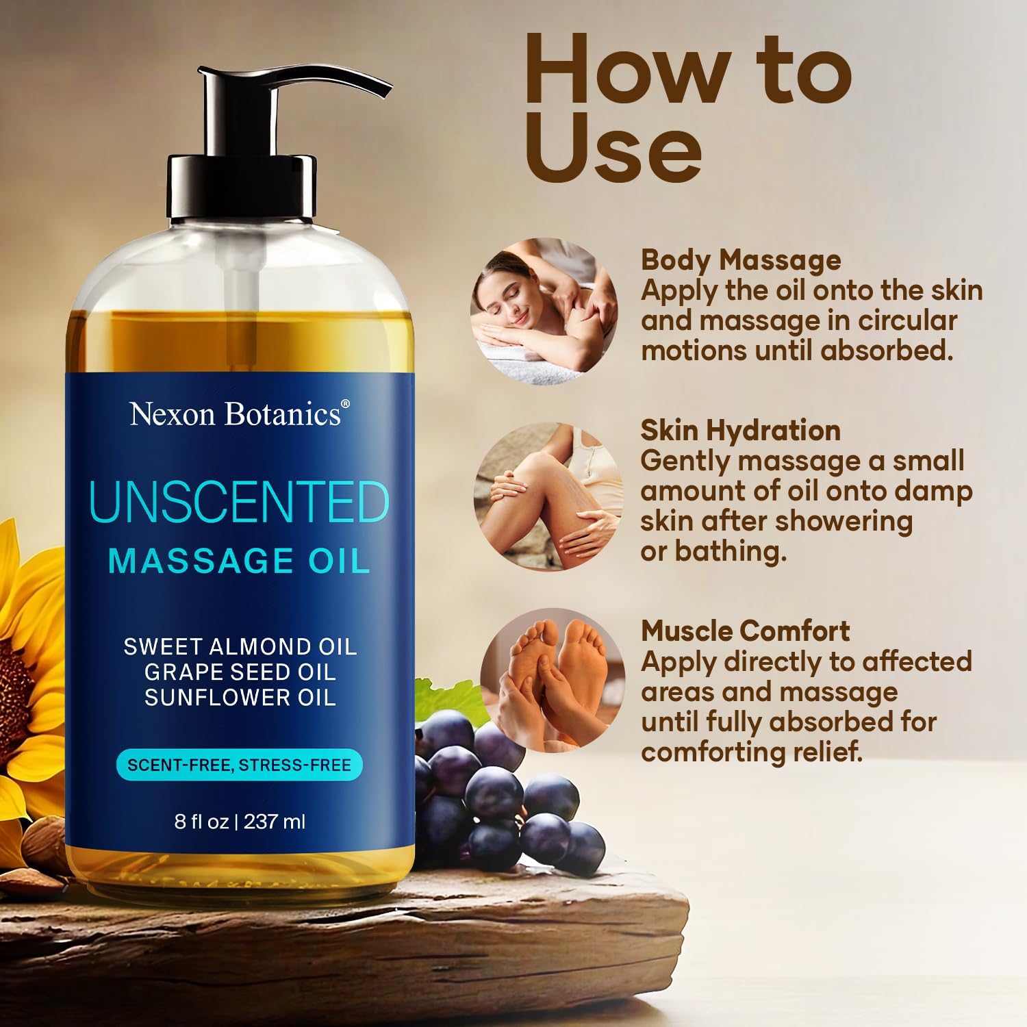 Unscented Massage Oil for Massage Therapy & Gua Sha 8 fl oz | Refreshing and Relaxing -Natural Oil Blend with Sweet Almond, Grape Seed and Sunflower Oil - Nexon Botanics - Image 3
