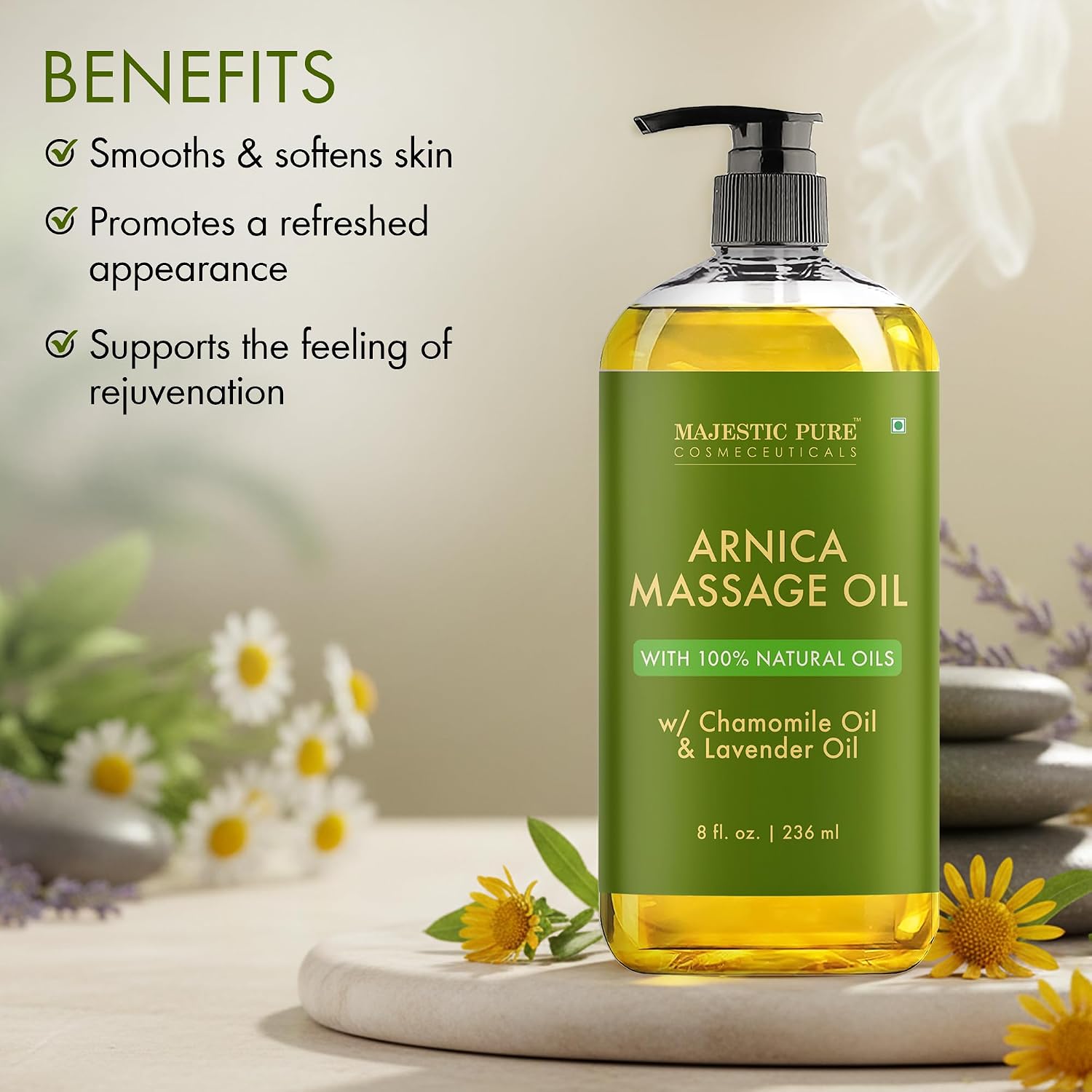 Majestic Pure Arnica Massage Oil, Relaxing Body Oil, 8 Fl Oz | 100% Natural Oil Ideal for post-workout body rubs; smooth glide absorbs fast, leaves skin soft, hydrated, never greasy. - Image 3