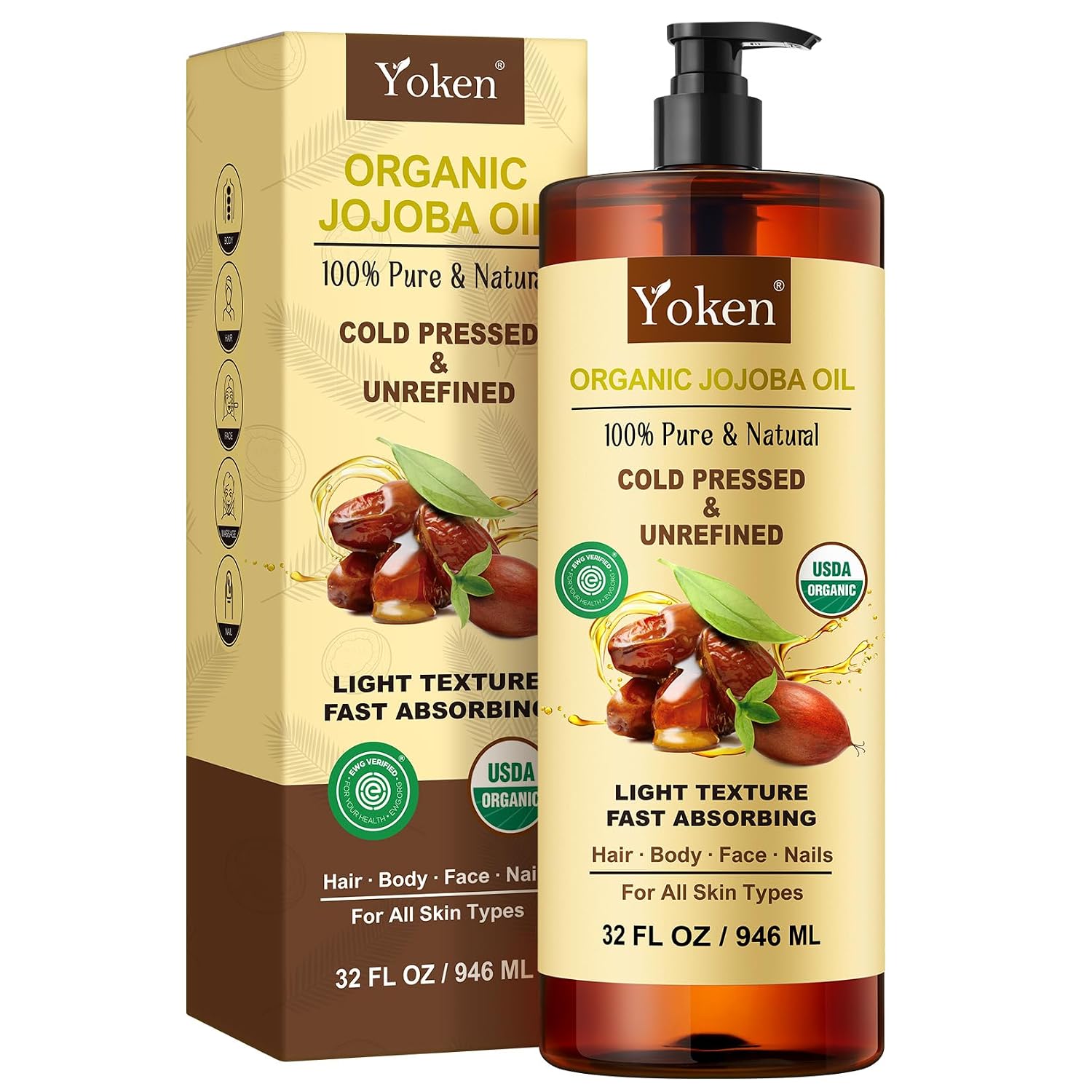 Yoken 32 fl oz (EWG Verified) 100% Pure Jojoba Carrier Oil - Unrefined, Hexane-Free, Cold Pressed for Skin, Face, Hair, Nails, and Massage | Body Oil For Women After Shower Unscented Carrier Massage Moisturizer Hydrating Nourishing Essential Oil Mixing