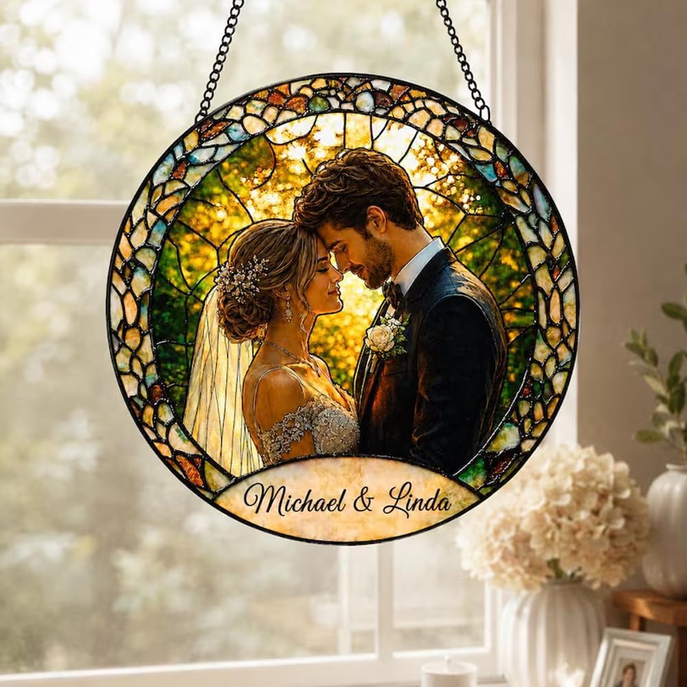 Custom Photo Stained Glass Sun Catcher, Personalized Couple Window Hanging Decor, Anniversary Valentine Gift for Husband Wife, Romantic Keepsake for Home - Image 2