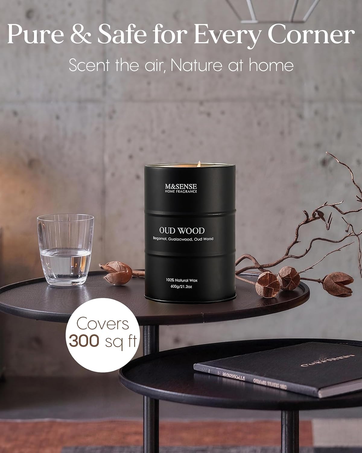 M&SENSE Oud Wood Scented Candle, Large, Natural Soy Wax, 21.2oz | Natural Large Soy Candle - Image 5