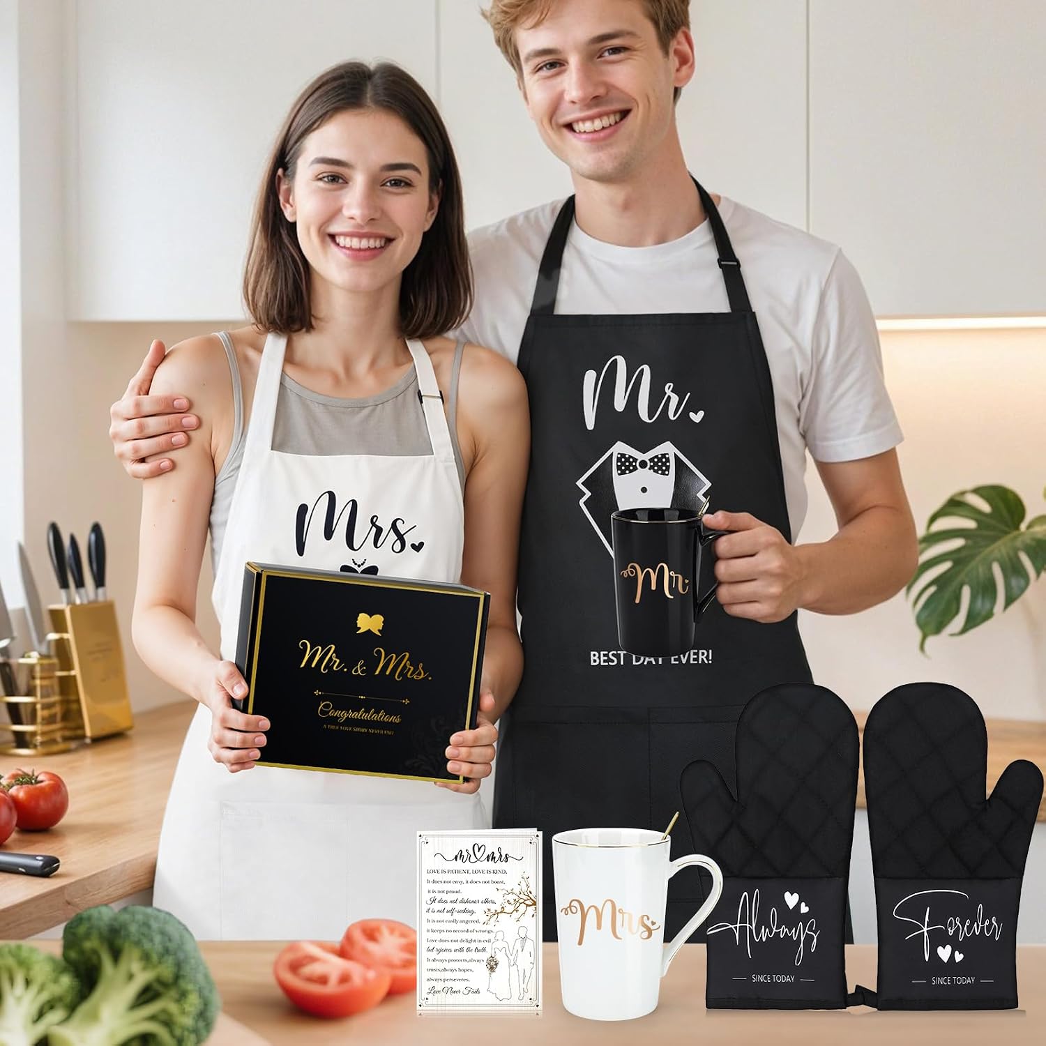 Wedding Gifts for Couples 2026 Bridal Shower Gift for Bride To Be Engagement Gifts for Couples Newlyweds His and Hers Mr and Mrs Gift for Anniversary Marriage Matching Couple Stuff Basket with Aprons - Image 6