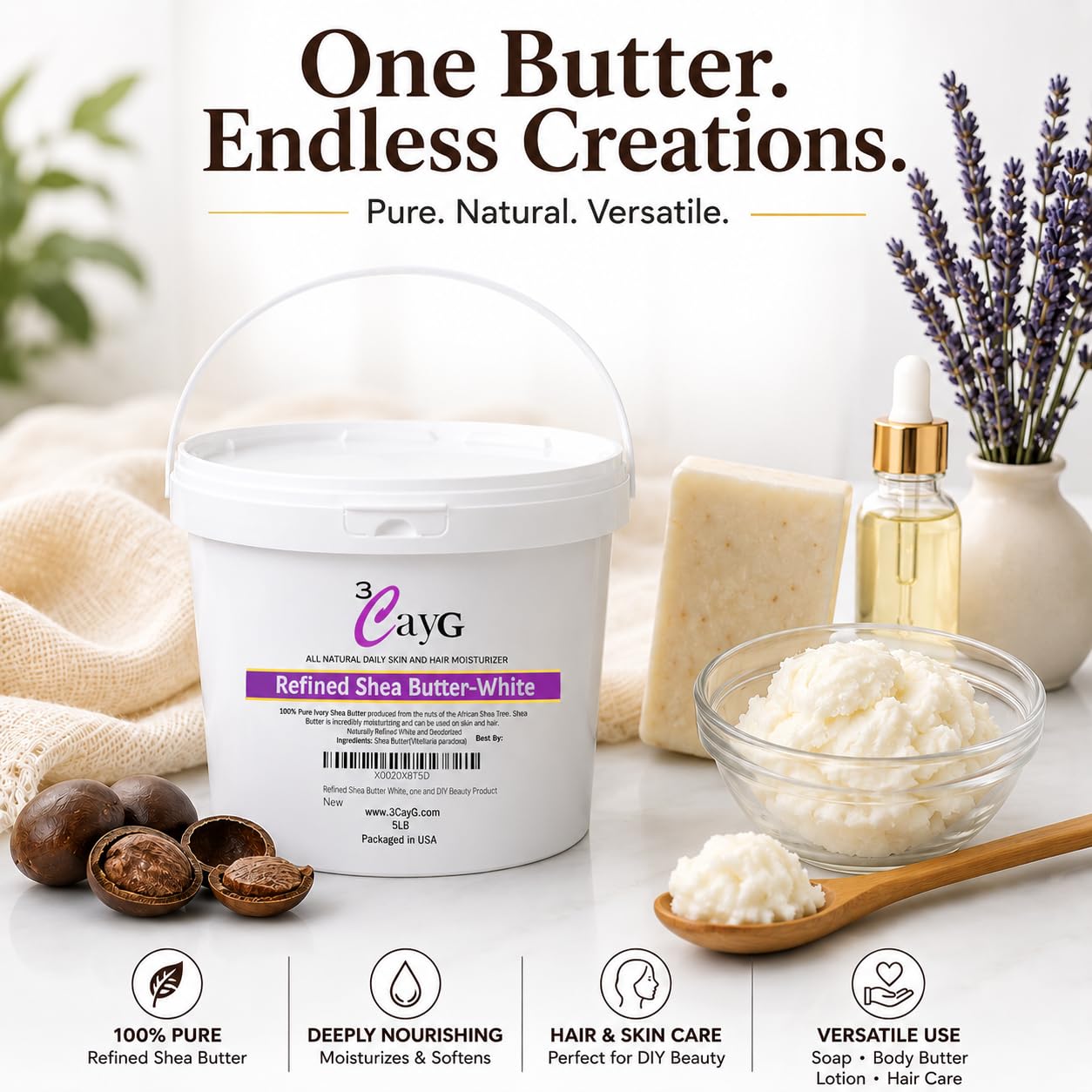 3CAYG 5lb Pail White Refined Shea Butter Deoderized Skin and Hair Body Butter Use for Soapmaking and Whipped Body Butter - Image 2