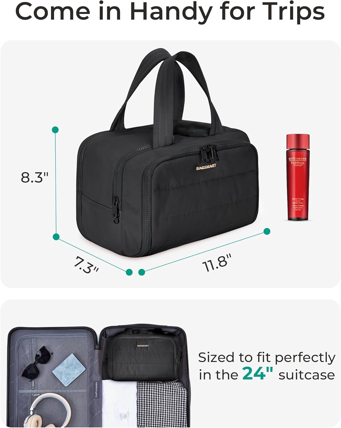 BAGSMART Travel Toiletry Bag, Lightweight Large Wide-open Travel Bag for Women, Puffy Cosmetic Makeup Bag Organizer with Handle for Accessories,Essentials, Toiletries, Black - Image 5