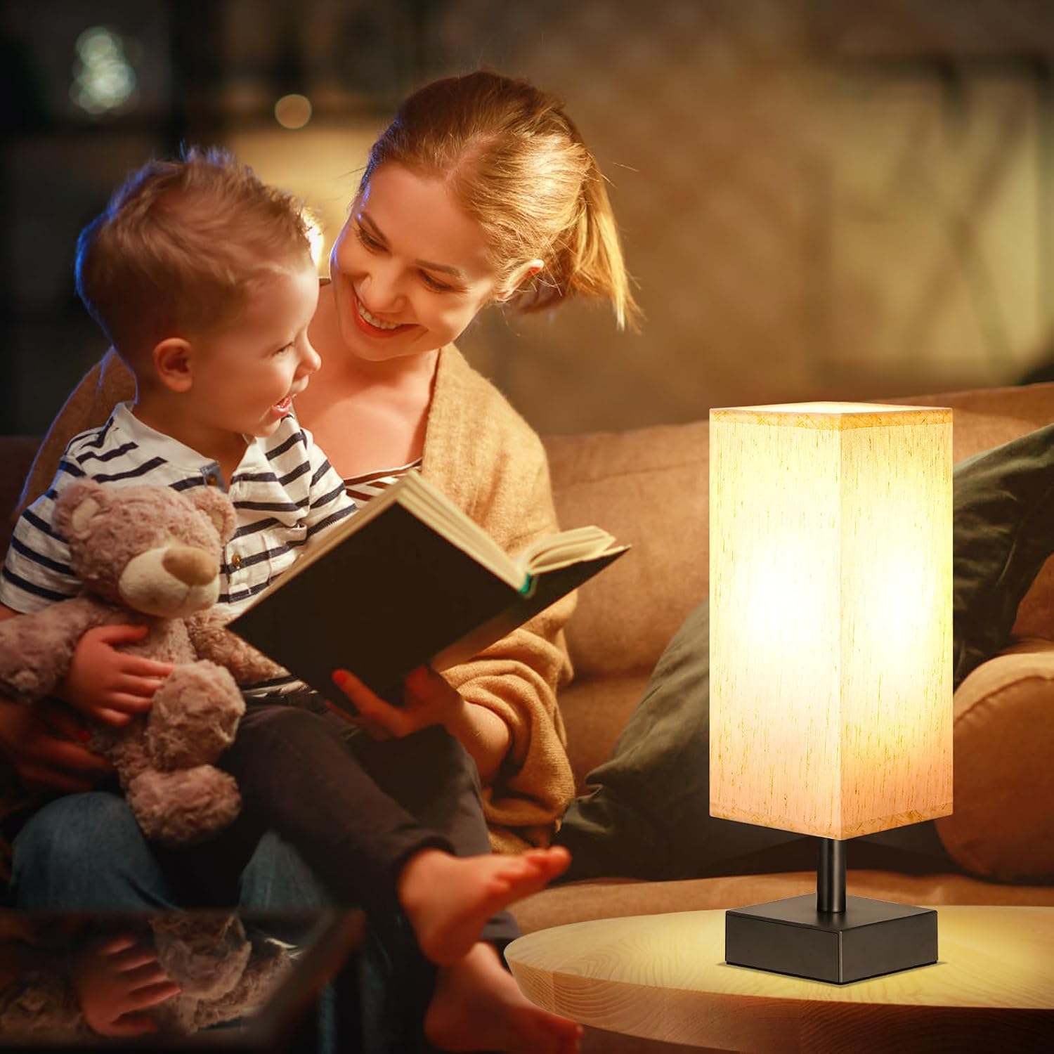 aooshine Small Bedside Table Lamp for Bedroom - Square Cream Fabric Shade | Inline Rocker Switch, Corded Electric, Bulb Not Included, 12.8" Mini Table Lamp for Nightstand, Desk, Dorm, Office - Image 3