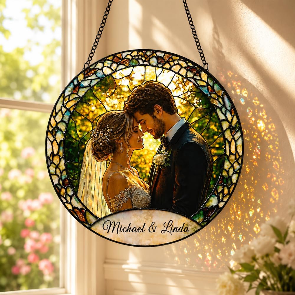 Custom Photo Stained Glass Sun Catcher, Personalized Couple Window Hanging Decor, Anniversary Valentine Gift for Husband Wife, Romantic Keepsake for Home