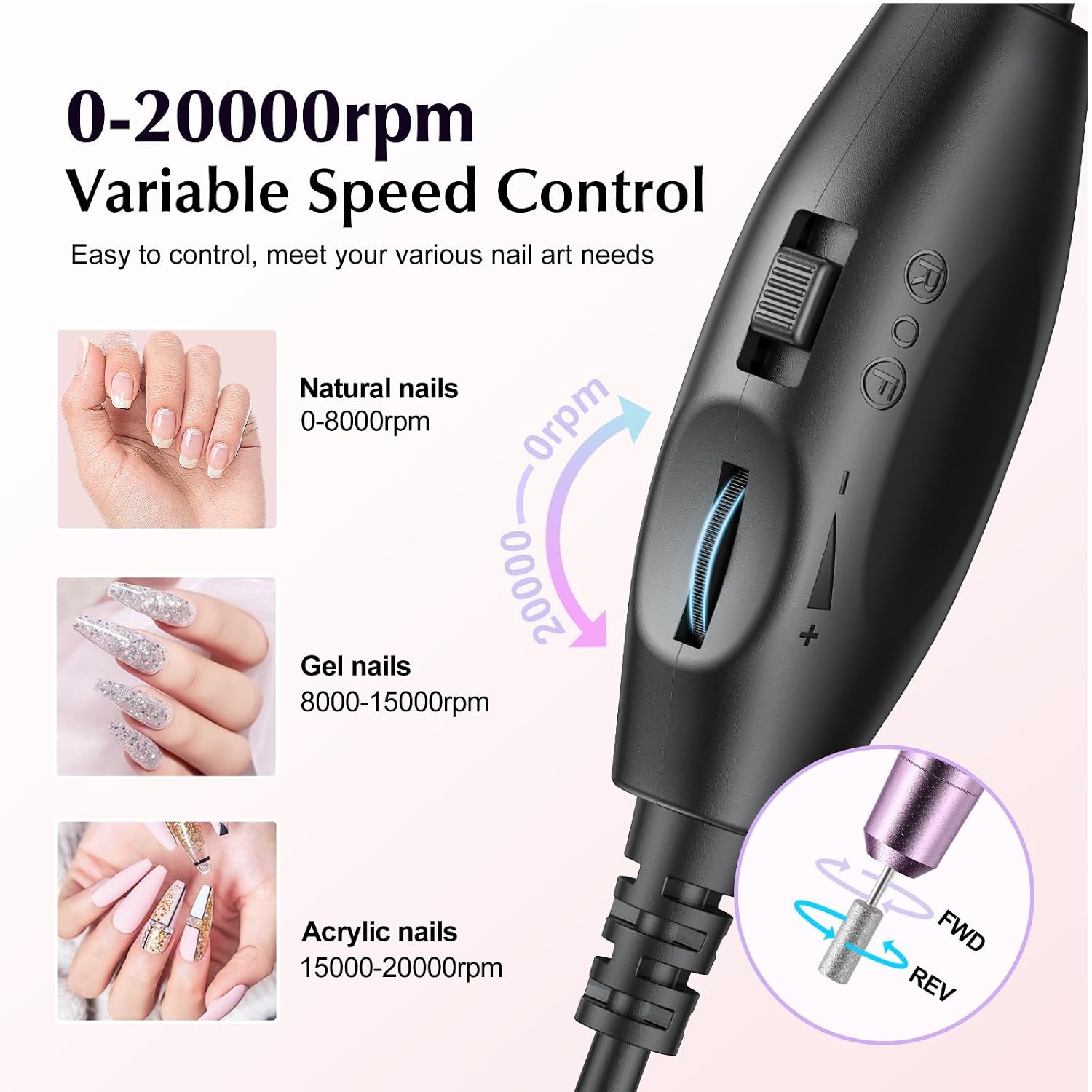 COSLUS C40 Electric Nail Drill Professional, Precise Dial Speed Control | Nail File Machine for Acrylic Gel Dip Powder Removal, Compact Manicure Tools, Beginner-friendly Polishing Set, Home - Image 8