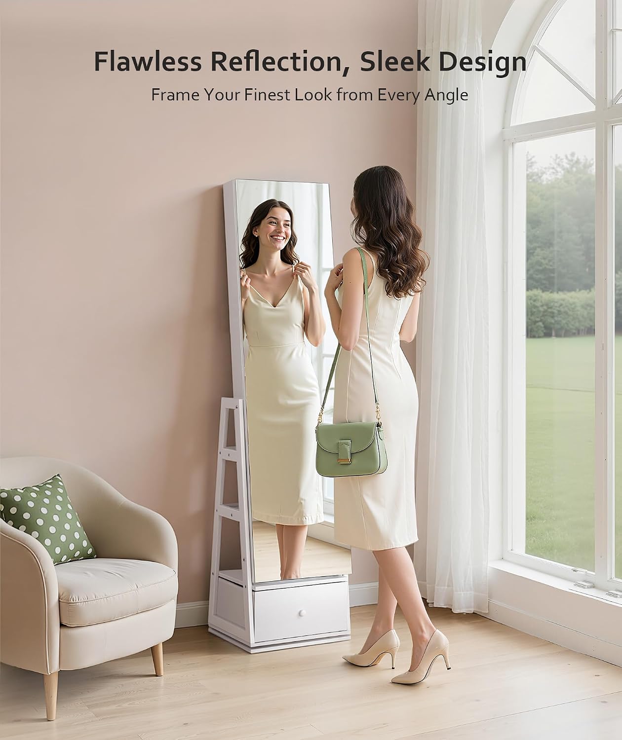 360° Swivel Jewelry Cabinet, Full Length Mirror, Lockable | Rotatable Jewelry Armoire Organizer, Standing Mirror with Storage, 3 Rear Shelves + Bottom Drawer, Gift Idea, Pure White - Image 2