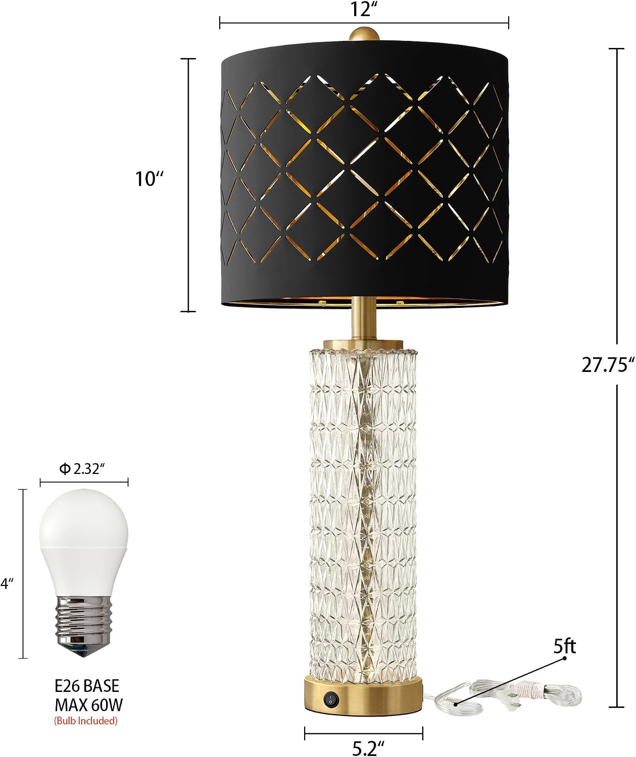 27.75" Modern Table Lamps Set of 2, Gold Bedside Lamp with Crystal Nightlight, USB A+C, Black Grid Shade, Unique Desk Lamps for Living Room, Bedroom, Nightstand, End Table (2 Bulbs Included) - Image 5