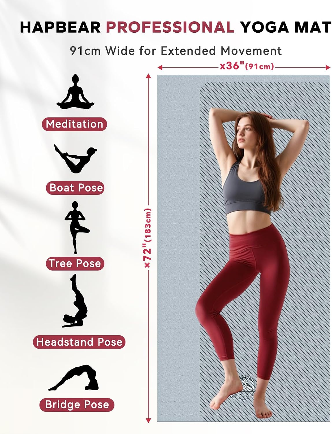 HAPBEAR Large Yoga Mat - 72"x36" Extra Wide Exercise Mat - 1/4" Thick Dual Color PVC | Anti-Slip Surface & High Cushioning - Ideal for Yoga, Pilates & Home Workouts - Bonus Mesh Bag - Image 2