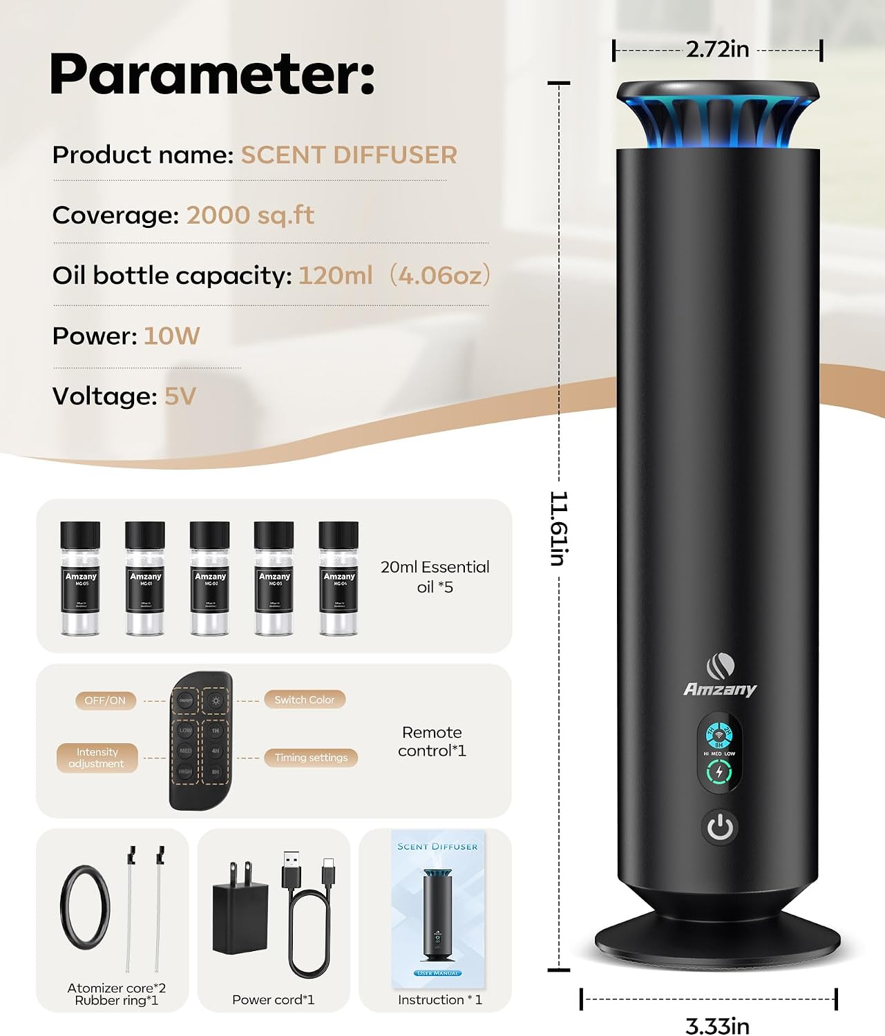 Waterless Scent Diffuser Kit,Scent Diffuser with 7 Lights and Breathing Lights Modes,Max Coverage 2000 sq.ft.Home,Offices,Hotels and Spas Aromatherapy Diffuser Included 5 Scent Oils Remote Control - Image 7