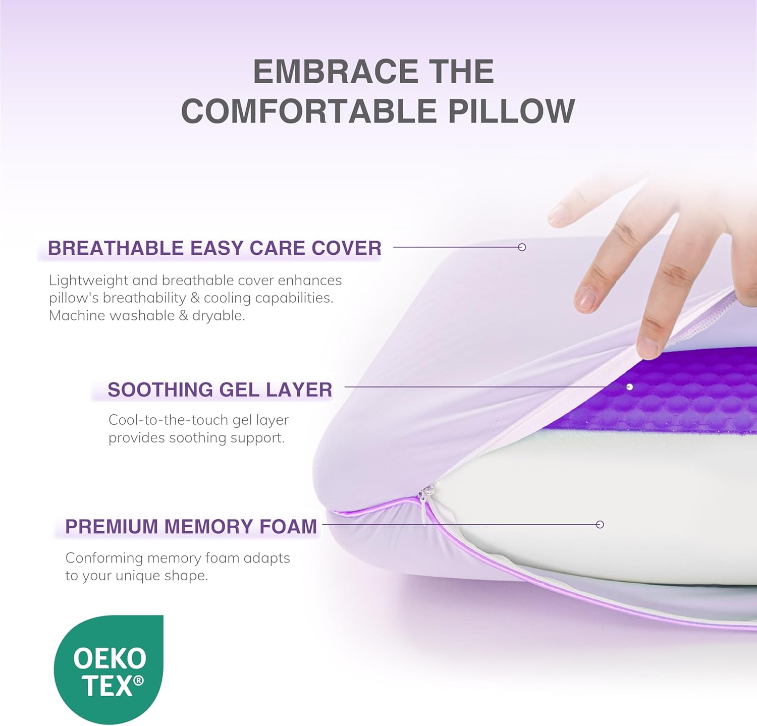 EGOHOME Cooling Gel Memory Foam Pillow, Reversible Design, Neck Support | For Side, Back & Stomach Sleepers, Removable Machine Washable Cooling Cover, All-Season Comfort, Standard Size, Purple - Image 3