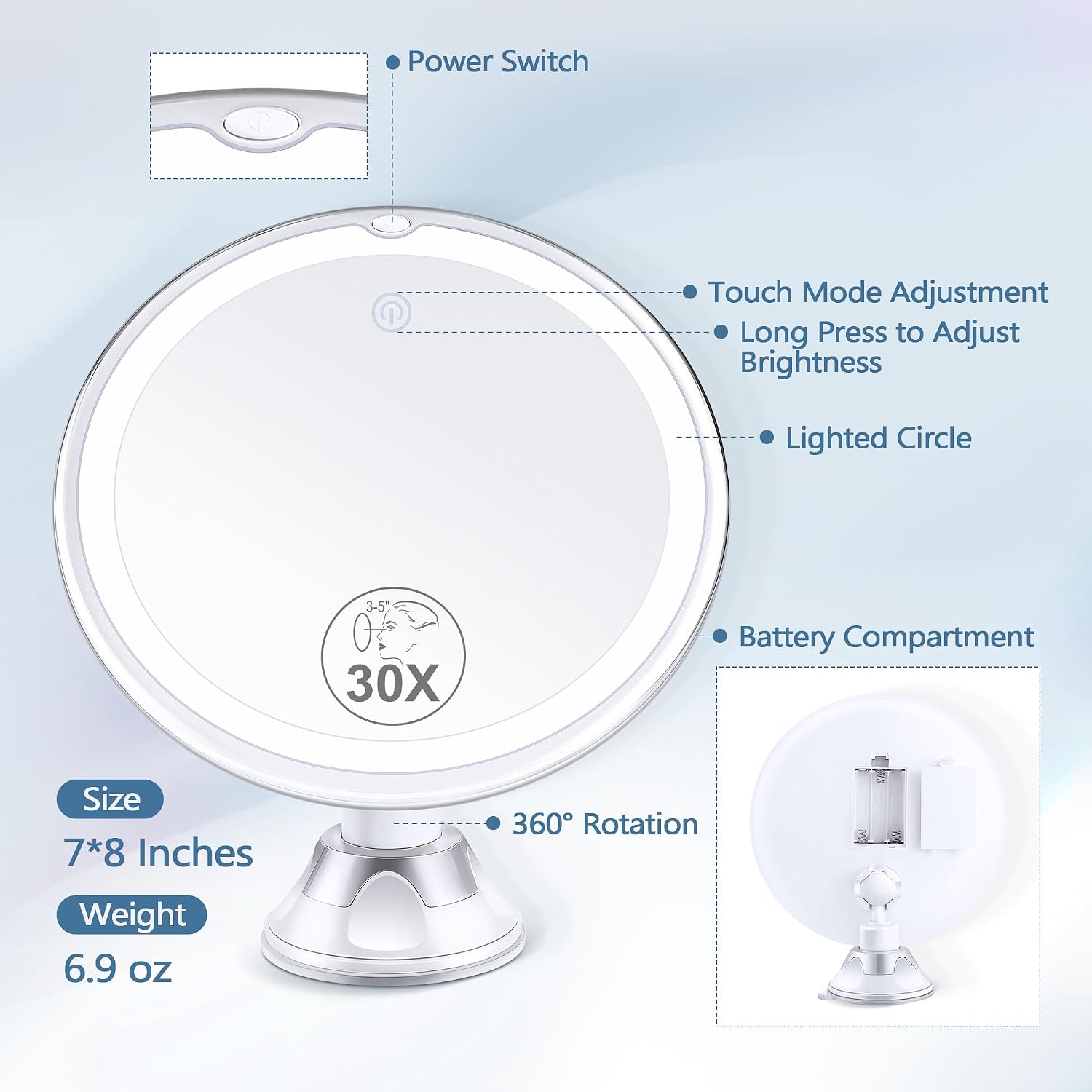 Magnifying Mirror with Light 30X, Lighted Makeup Mirror 30X for Precision Makeup, 3 Color Modes and Adjustable Brightness, 360° Swivel Magnifying Mirrors Suction Cup for Bathroom 8 Inches - Image 6