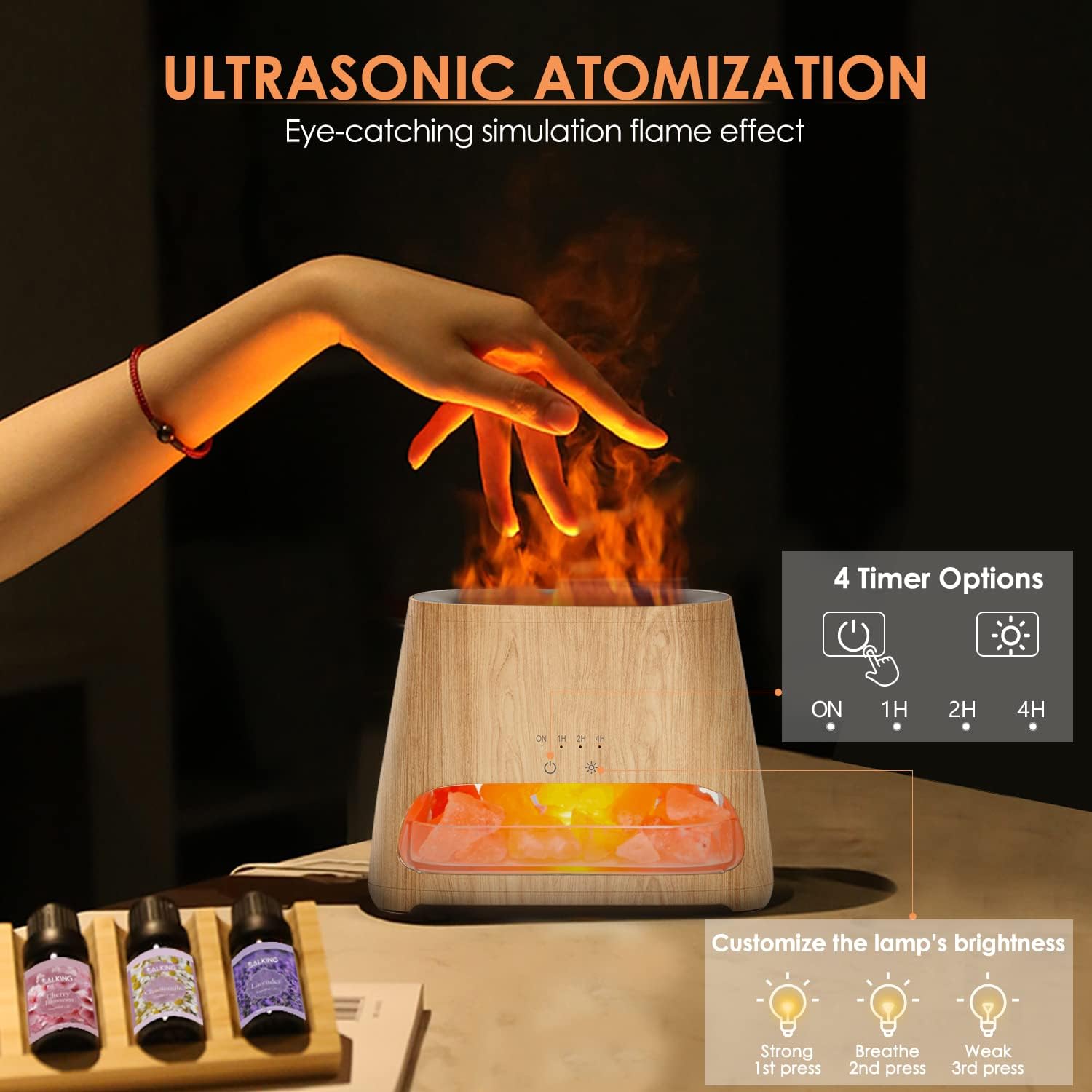 SALKING 2-in-1 Ultrasonic Essential Oil Diffuser & Himalayan Salt Lamp, Aromatherapy Diffuser Cool Mist Humidifier with Auto Off Function, 100% Pure Himalayan Pink Salt Rock, 150ml (Wooden Grain) | Ultrasonic Aromatherapy Diffuser, Cool Mist Humidifier with Auto Shut-Off, 100% Pure Himalayan Pink Salt Rock, Wooden Grain - Image 4