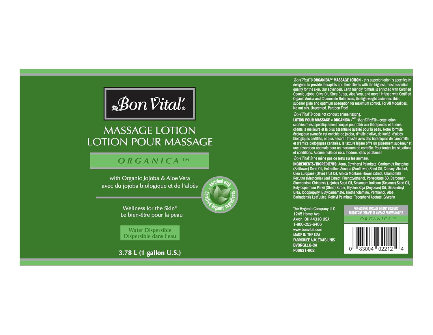 Bon Vital' Organica Massage Lotion, 1 Gallon, Certified Organic, Unscented | Certified organic massage lotion for massage therapy and bodywork - Image 2