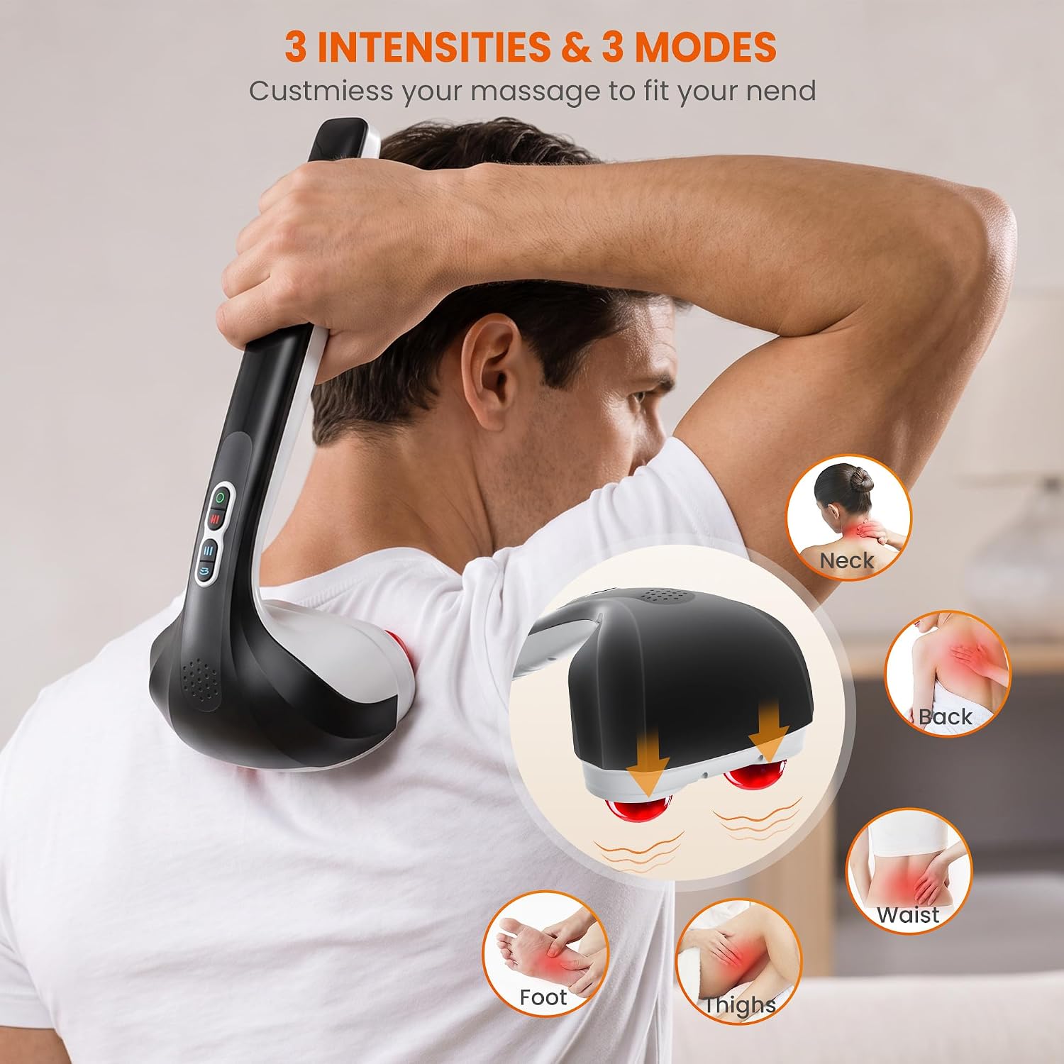 Snailax Cordless Handheld Back Massager with Heat, Deep Tissue Percussion Massager, 3 Sets of Dual Pivoting Heads,Rechargeable Hand Held Massager for Neck,Back Shoulder,Calf,Legs - Image 2