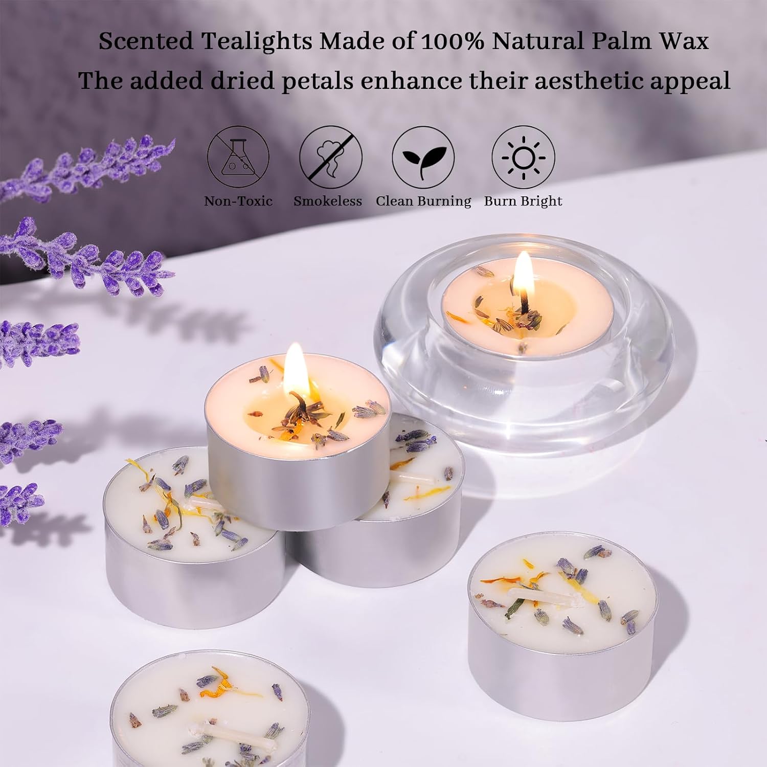 48 Pcs Lavender Scented Tealight Candles, 6H Long Burning - 100% Palm Wax Based Scented Tea Lights with Dried Flowers, Non-Toxic/Smokeless Scent Tea Lights Candles Bulk for Spa, Bath, Wedding - Image 3