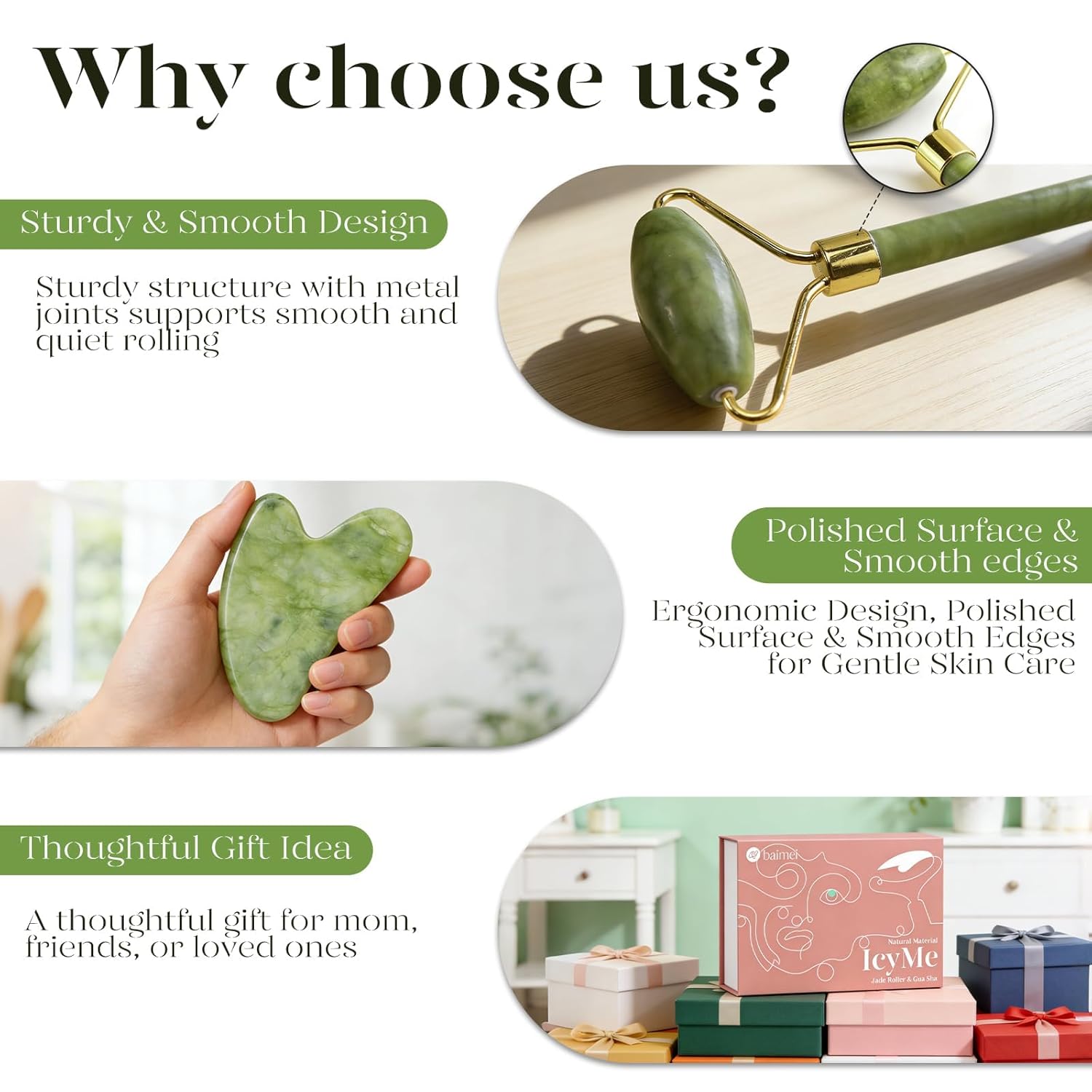 BAIMEI IcyMe Gua Sha & Jade Roller Set for Facial Sculpting and Relaxation | Cooling Face Roller & Guasha Tool for Face Depuffing & Jawline Definition, Beauty Skin Care Tool Gifts for Women–Green - Image 7