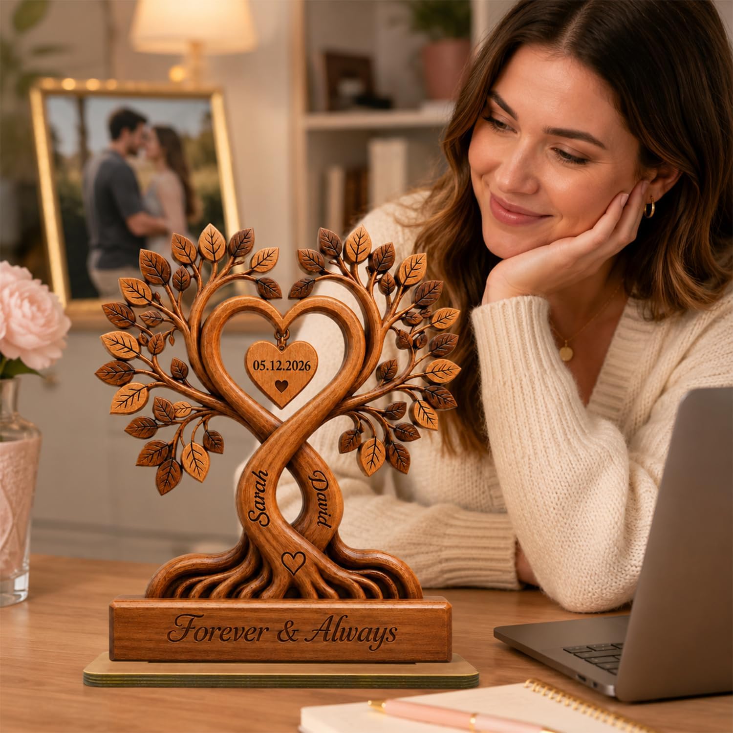 Personalized Couple Heart Tree Wooden Plaque, Custom Wooden Tree Plaque for Couples, Customized Couple Gifts for Him and Her, Wife Husband Birthday Gift, Anniversary Table Decorations - Image 4